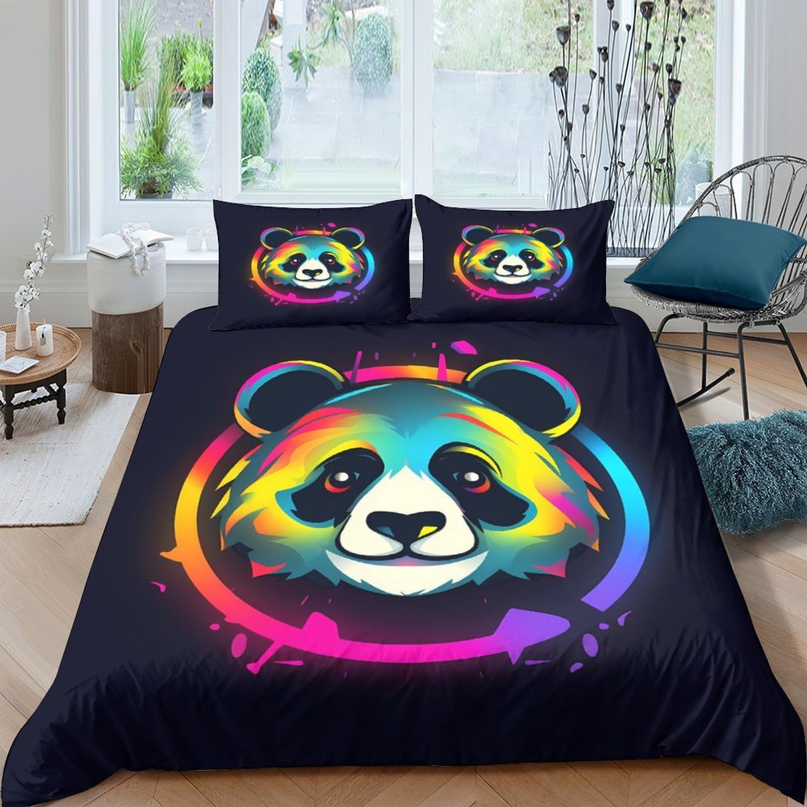 Ctjqhvkz Style-4 3D Printed Rainbow Panda Fitted Sheet Microfiber Soft Anti-Slip Graffiti Bed Cover For Bedroom Dorm Decor Mattress Protection Single（135X200cm）