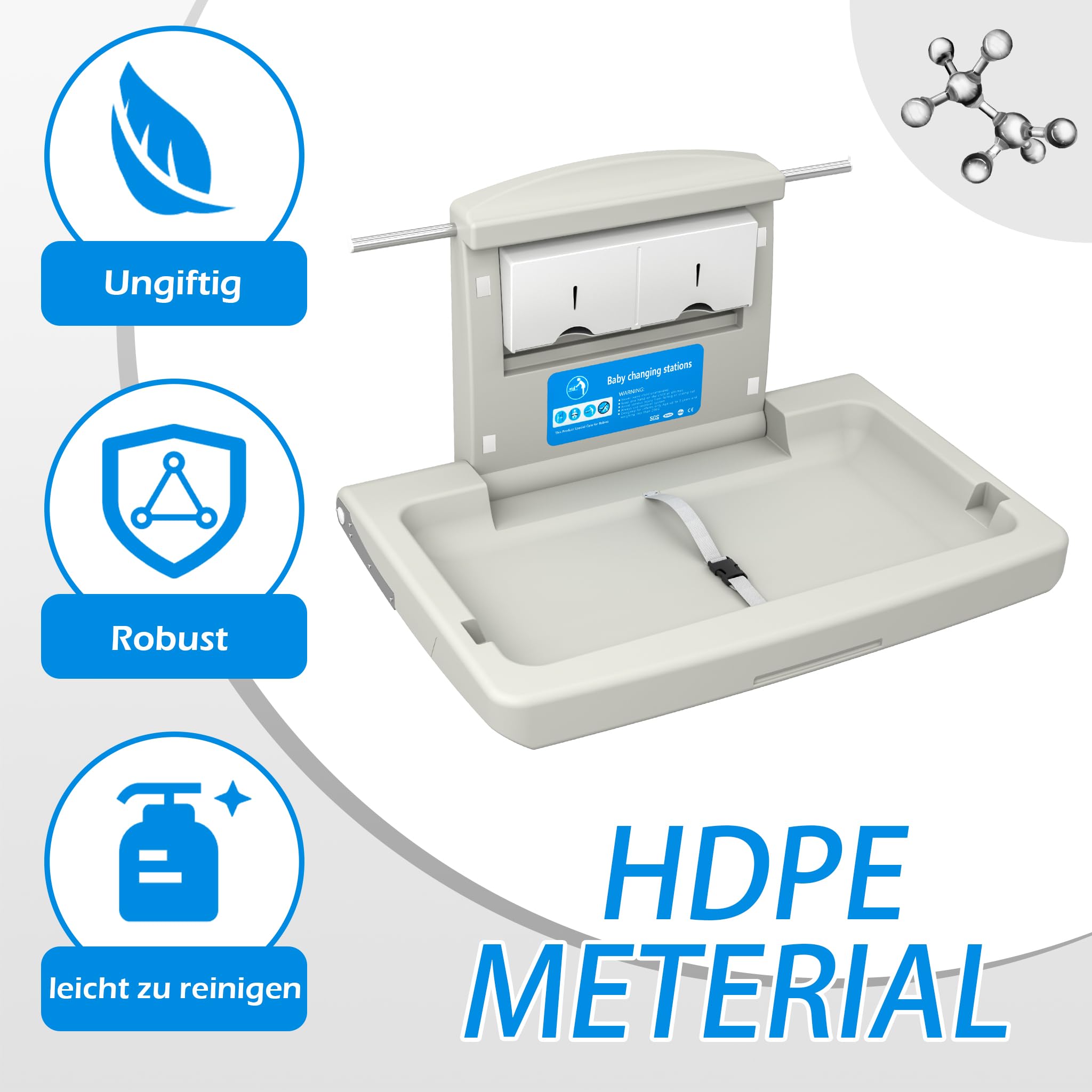 Wickelkommode Wandmontierter HDPE, Baby Mobiler Wickeltisch klappbar mit Sicherheitsgurt, Ablagefächer, Haken, 85x57x47 cm für Zuhause Einkaufszentrum, Gewichtskapazität 33 lbs/ 15kg