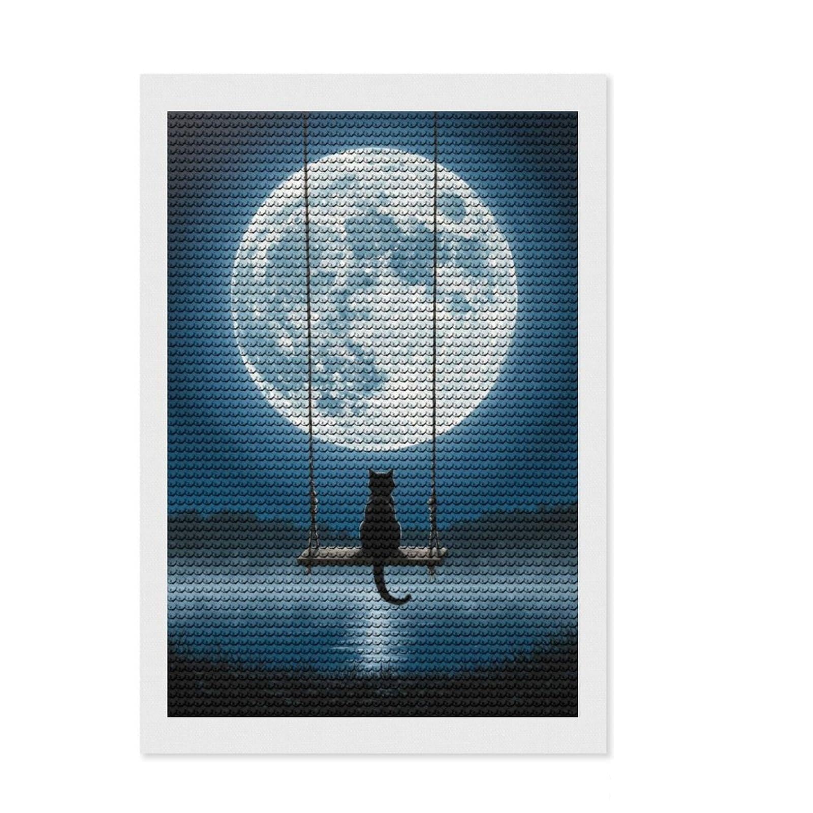 Junmoney Cat on Swing Under Moonlight Round Drill Diamond Painting 8"x12", Holiday Gift Idea, Bedroom Decor, Aesthetic Room Decor, Artistic Hobby