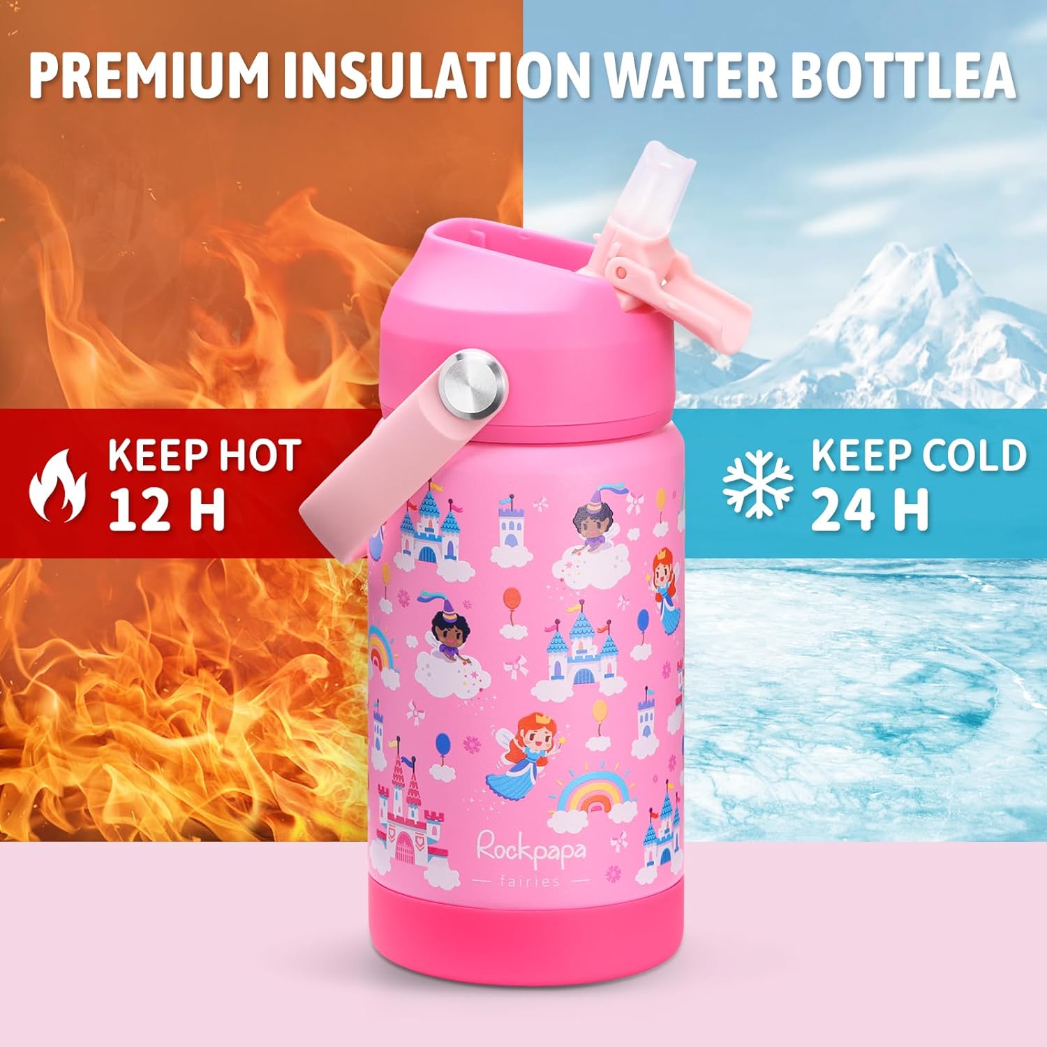 rockpapa 14 oz Kids Insulated Water Bottle,Stainless Steel Toddler Cups with Straws, BPA Free, Leak-Proof, Kids Water Bottle for School Boys& Girls (Pink Fairies) - Image 3