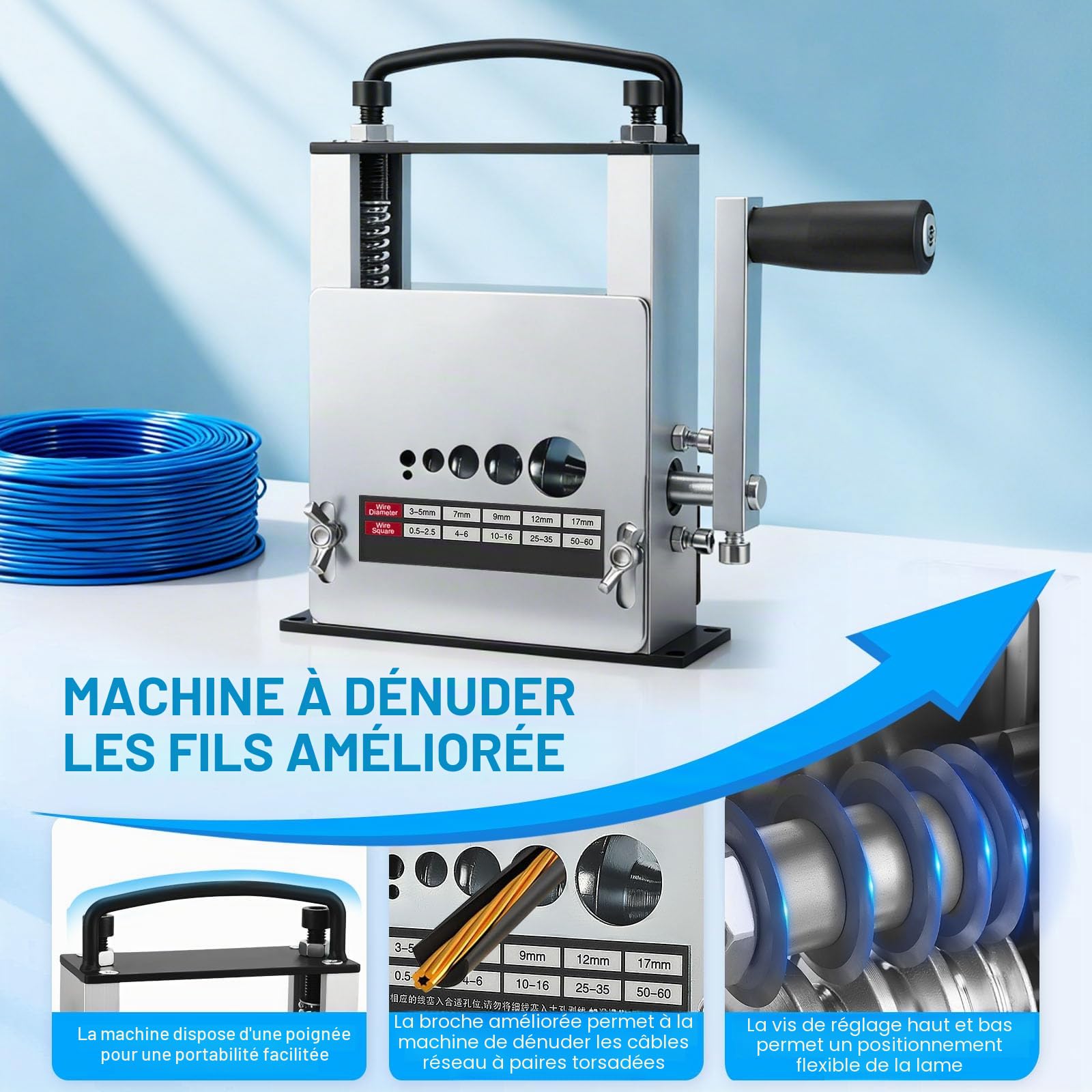 Machine à dénuder manuelle, machine à dénuder de câbles pour câbles de 3 à 17 mm, machine à dénuder de câbles avec 6 canaux et 5 lames avec poignée amovible, machine à dénuder de câbles pour fil de