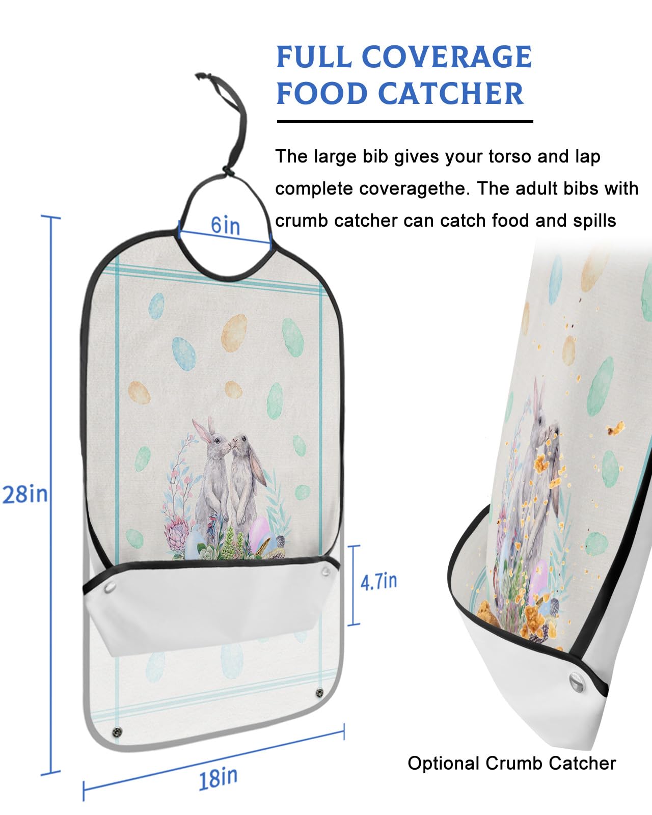 Spring Easter Adult Bibs for Eating, Waterproof Bibs with Food Catcher & Adjustable Snap Closure, Green Stripe Bunny Colorful Eggs Succulents Clothing Protectors Adult Bibs for Elderly Women/Men