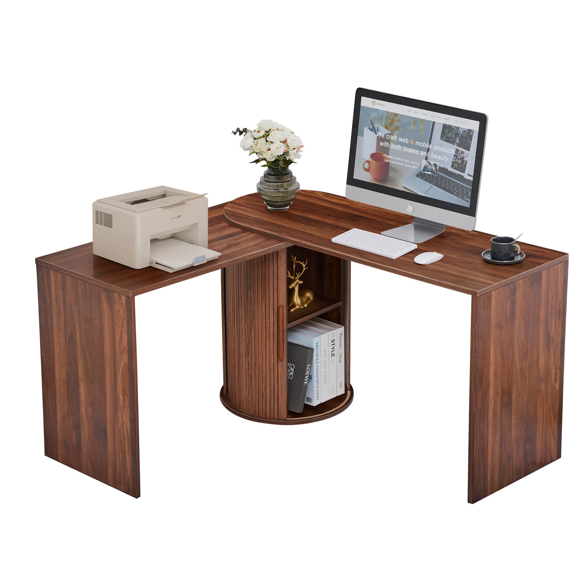 affeivul Fluted Computer PC Desk Table with Storage, Farmhouse Corner L Shaped Desk with Storage for Small Space, Modern Home Office Desk for Bedroom,