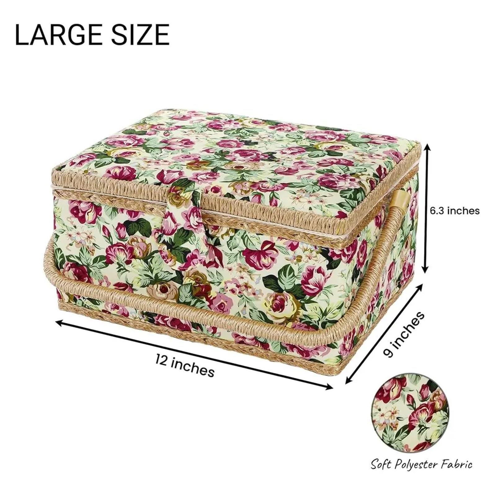 Cesta de costura Large Sewing Basket, With Removable Tray, Rose Floral Print Design Kit Storage Box