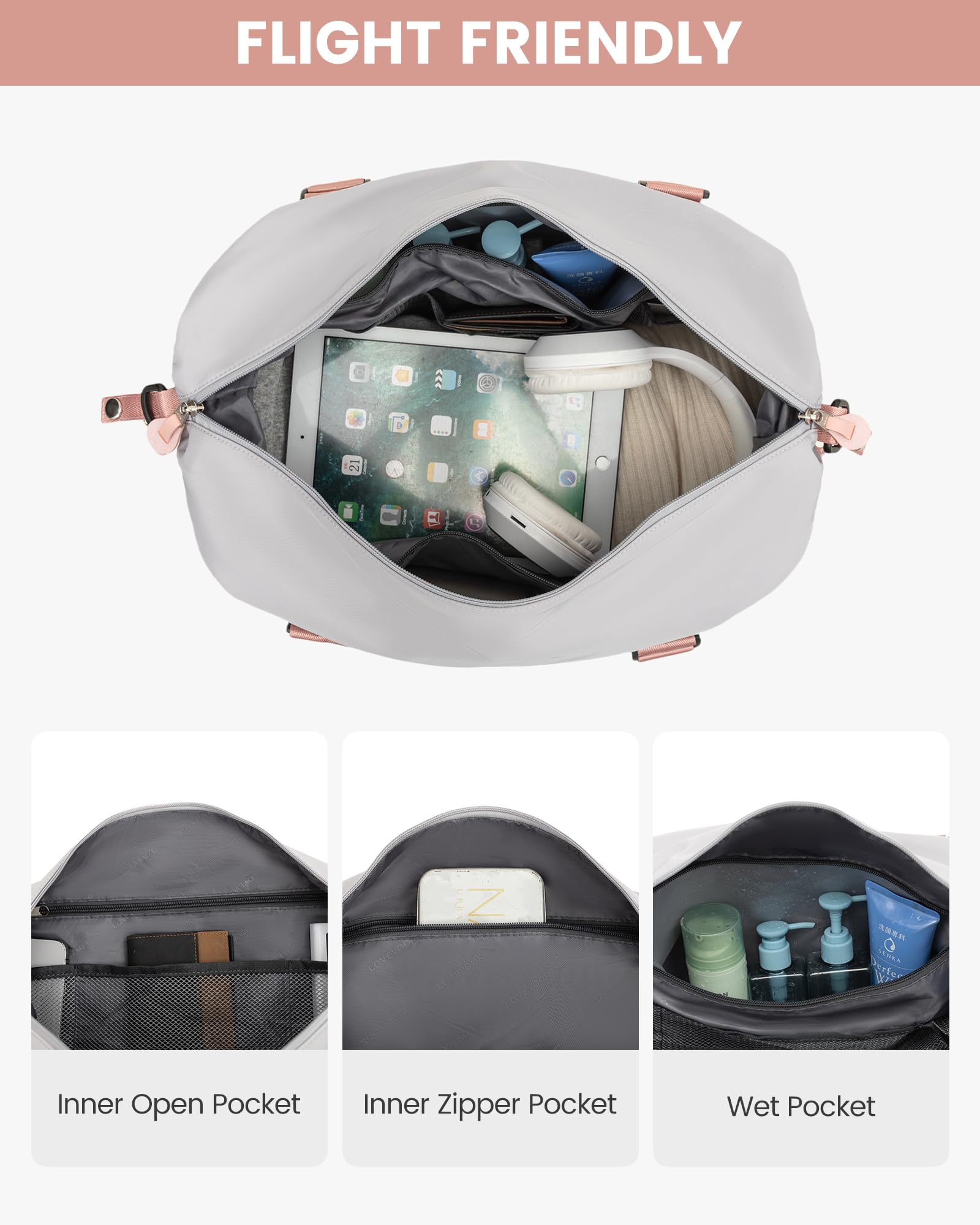 LOVEVOOK Borsa da viaggio da donna, sportiva, borsa da viaggio, borsa da palestra, aereo, grigio e rosa, M-30L, moderno