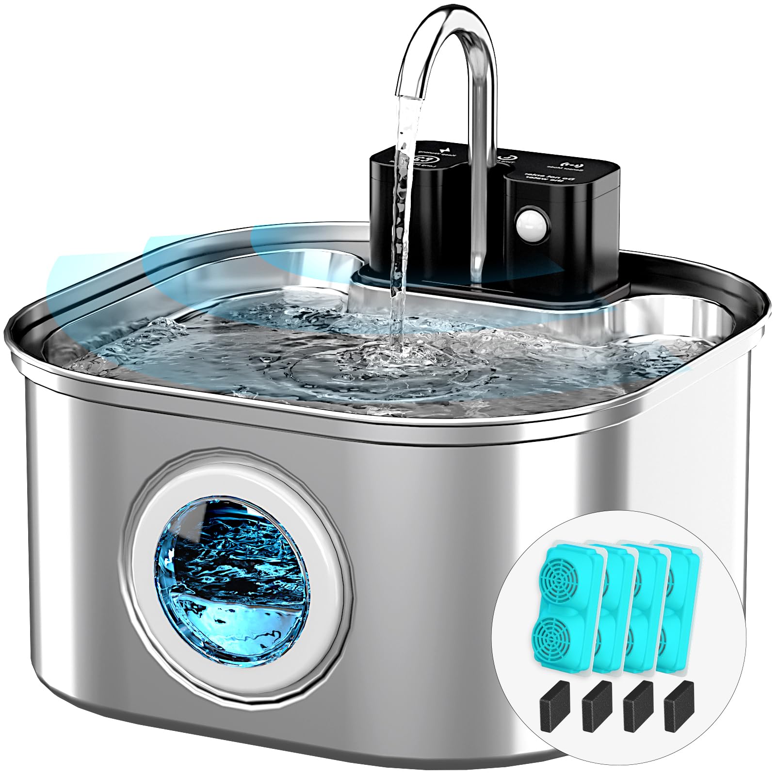 Wireless Cat Water Fountain Stainless Steel with 4 Filters & 4 Sponges, 3.2L/108oz Battery Operated Pet Fountain, Cordless Pet Water Dispenser for Cats and Dogs