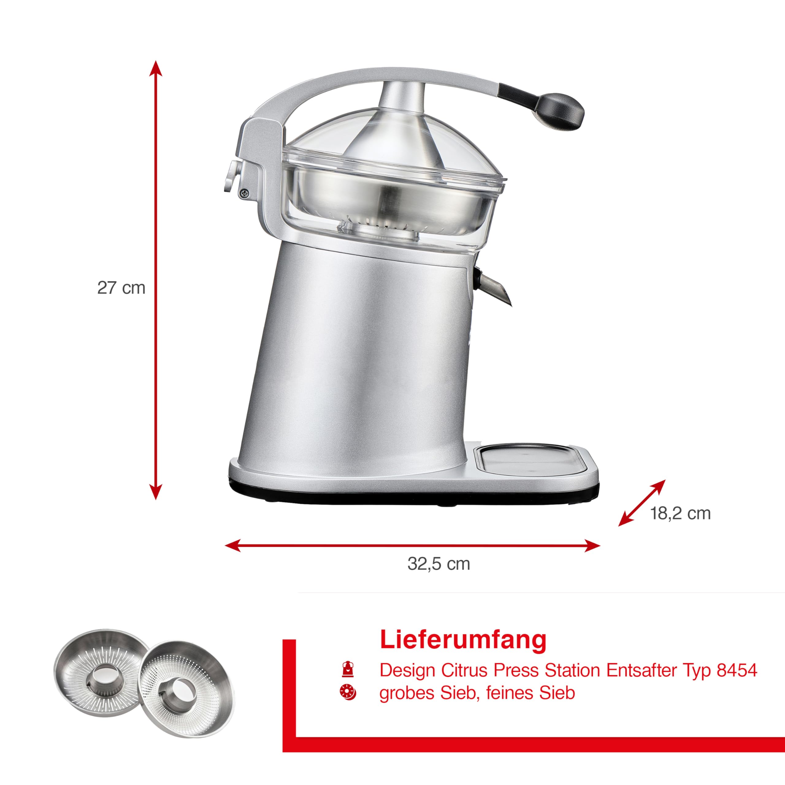 Solis Citrus Press Station 8454 Zitruspresse - Elektrischer Edelstahl Entsafter - Automatische Saftpresse - Spülmaschinenfest - Zitronenpresse | 230W, Edelstahlgehäuse, Presshebel mit 2 Sieben, Anti-Tropf-Funktion, BPA-frei spülmaschinenfest