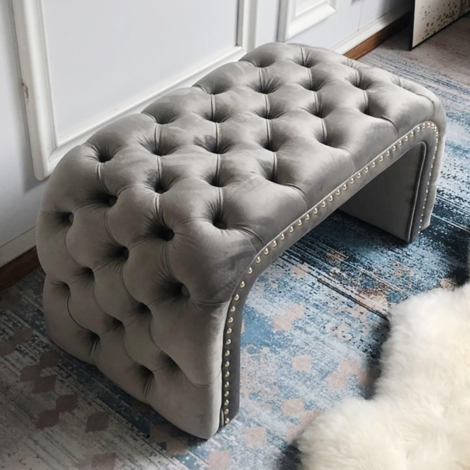MSHGSKU Modern Upholstered Shoe Bench with Nailhead Trim Footrest & Cushion for Entryway Living Room Dining Room Stylish Gray Fabric 62.99in 160cm