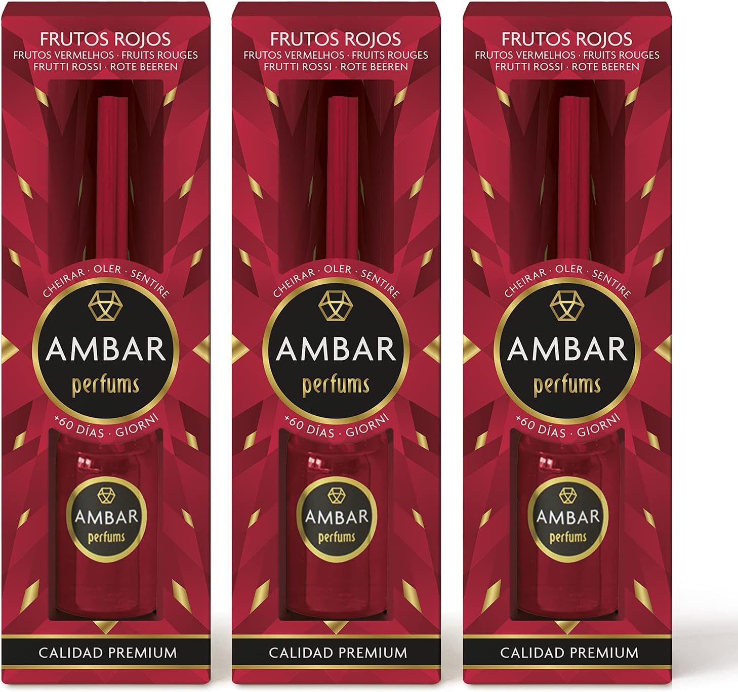 Ambar Perfums Ambientador Mikado Frutos Rojos. Ambientador de Varillas 0% Alcohol, +60 días duración. (Pack 3 uds. x 50 ml)