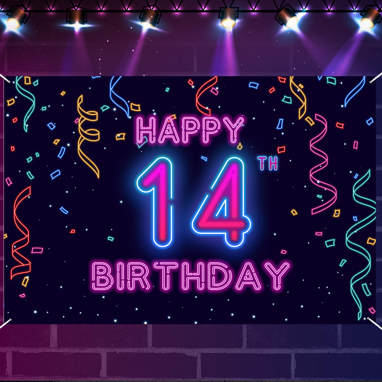 14th Neon Birthday Banner Backdrop, 14 Years Birthday Party Banner Let Glow Party Disco Dance Neon Theme Backdrop, Colorful Night Decorations for