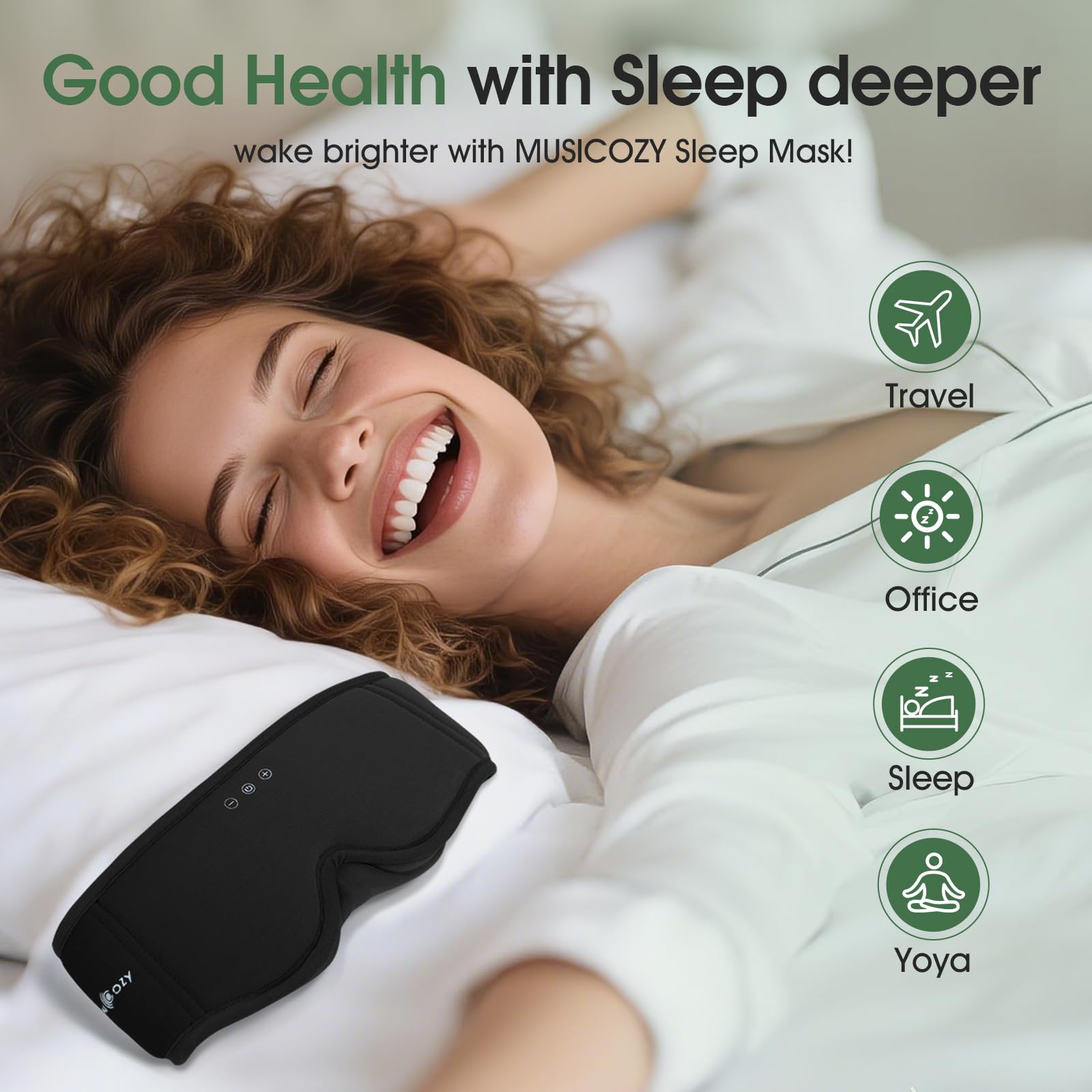 MUSICOZY - Antifaz para dormir con auriculares de algodón de bambú 3D, máscara para dormir con Bluetooth, máscara inalámbrica con auriculares para dormir de lado, presión cero 100 % opacidad ligera