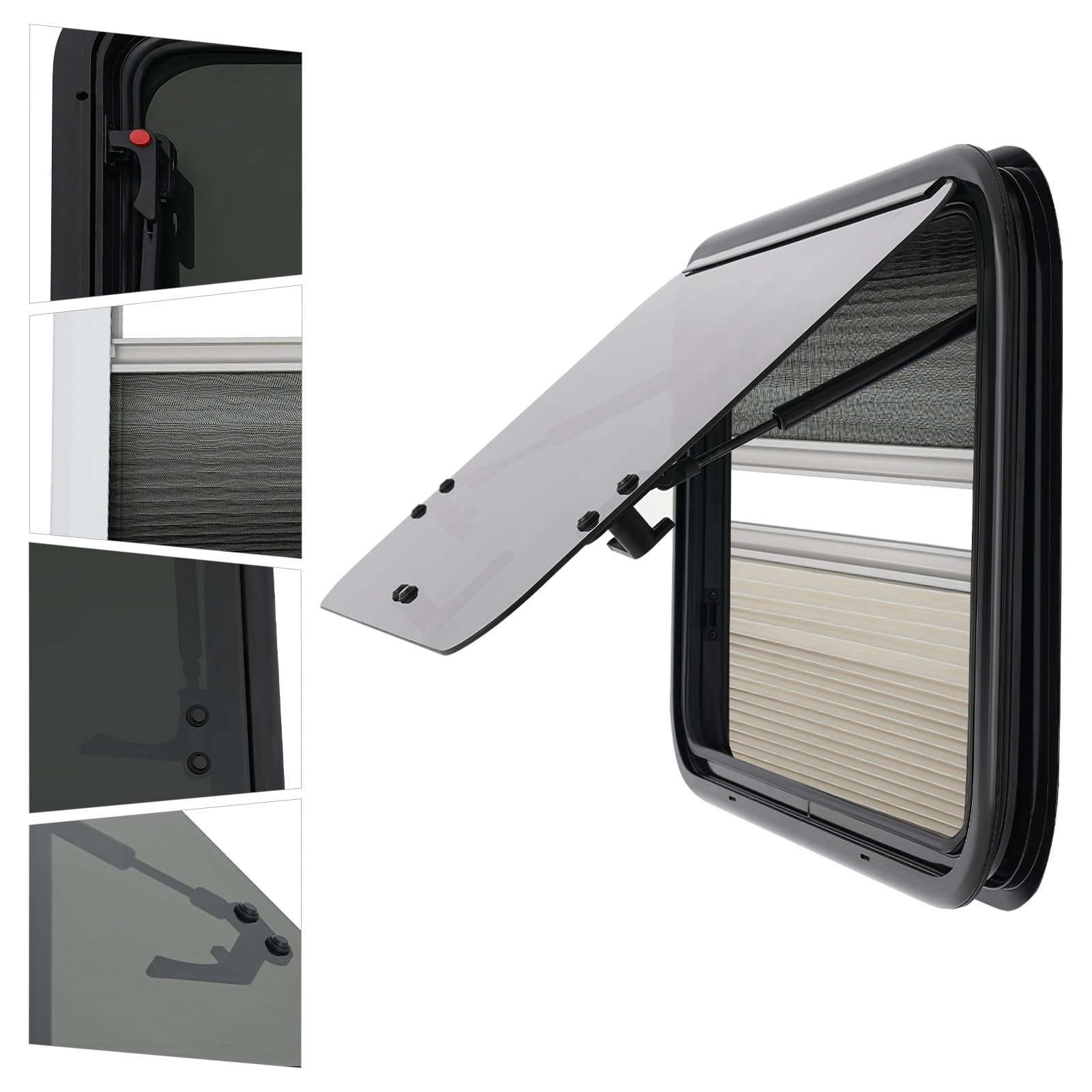 Finestra universale per camper, 700 x 450 mm, finestra esterna a spinta a 85°, con zanzariera e tenda avvolgibile integrata, finestra laterale per camper