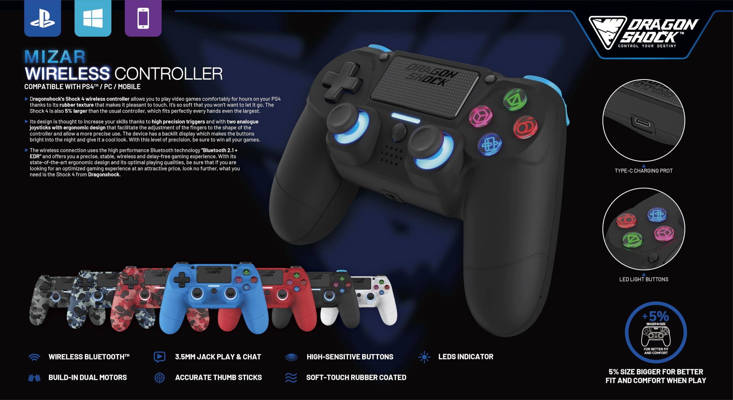 Czarny MIZAR Bezprzewodowy kontroler Bluetooth na PS4, PC i Mobile