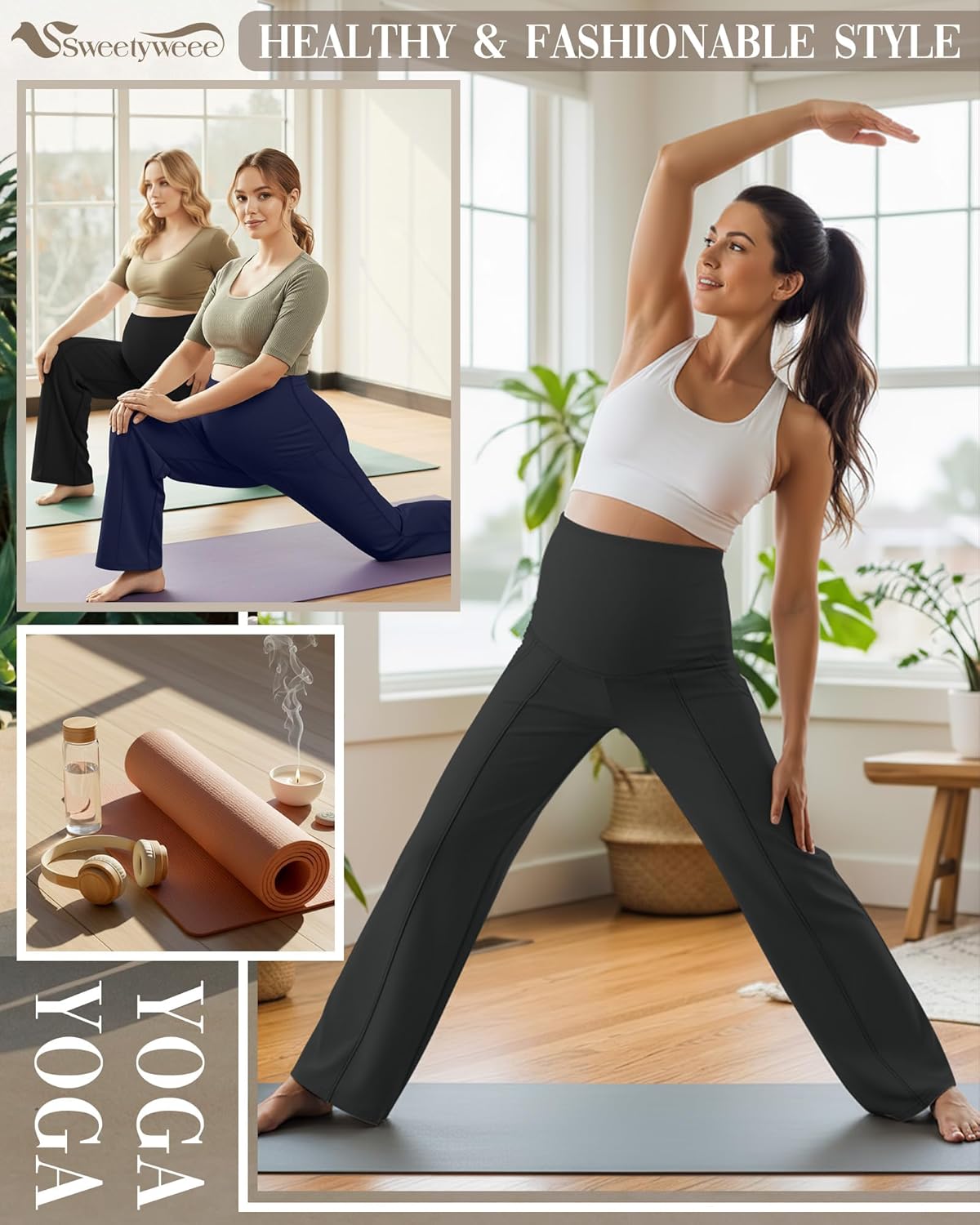 3 Pack Maternity Yoga Dress Pants Over The Belly Pregnancy Pant Stretchy Wide Leg Lounge Trousers with Pocket - Image 3