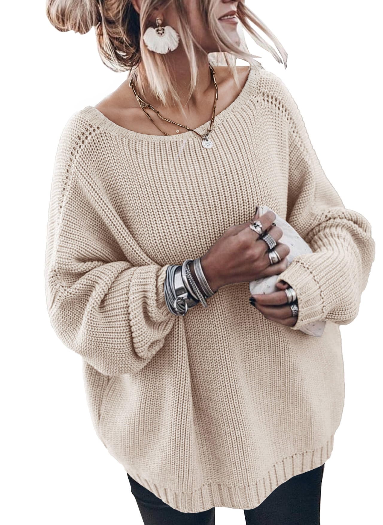 GUNEST Womens Oversized Sweaters Cotton Long Sleeve Loose Knit Jumper Tops