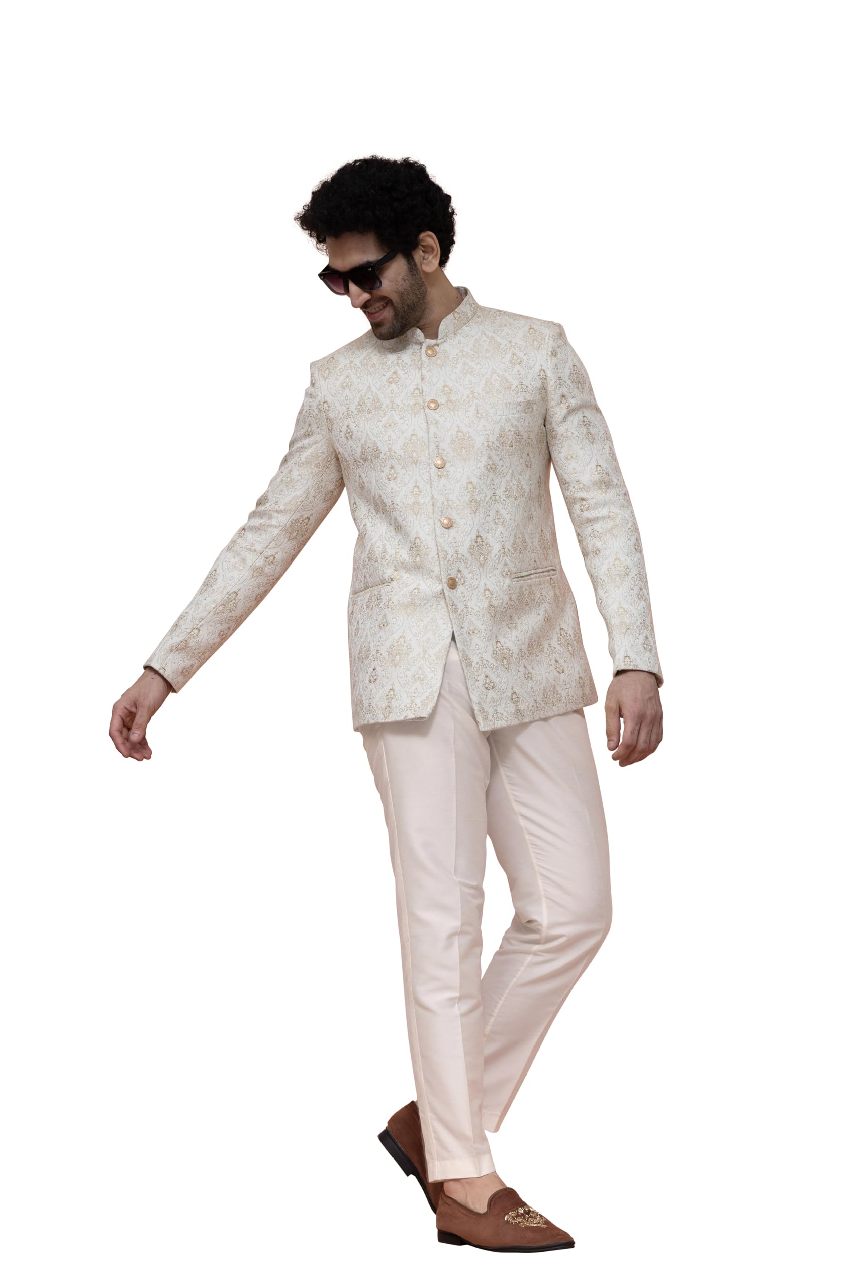 Men Off White Ethnic Motifs Bandhgala Trouser Set