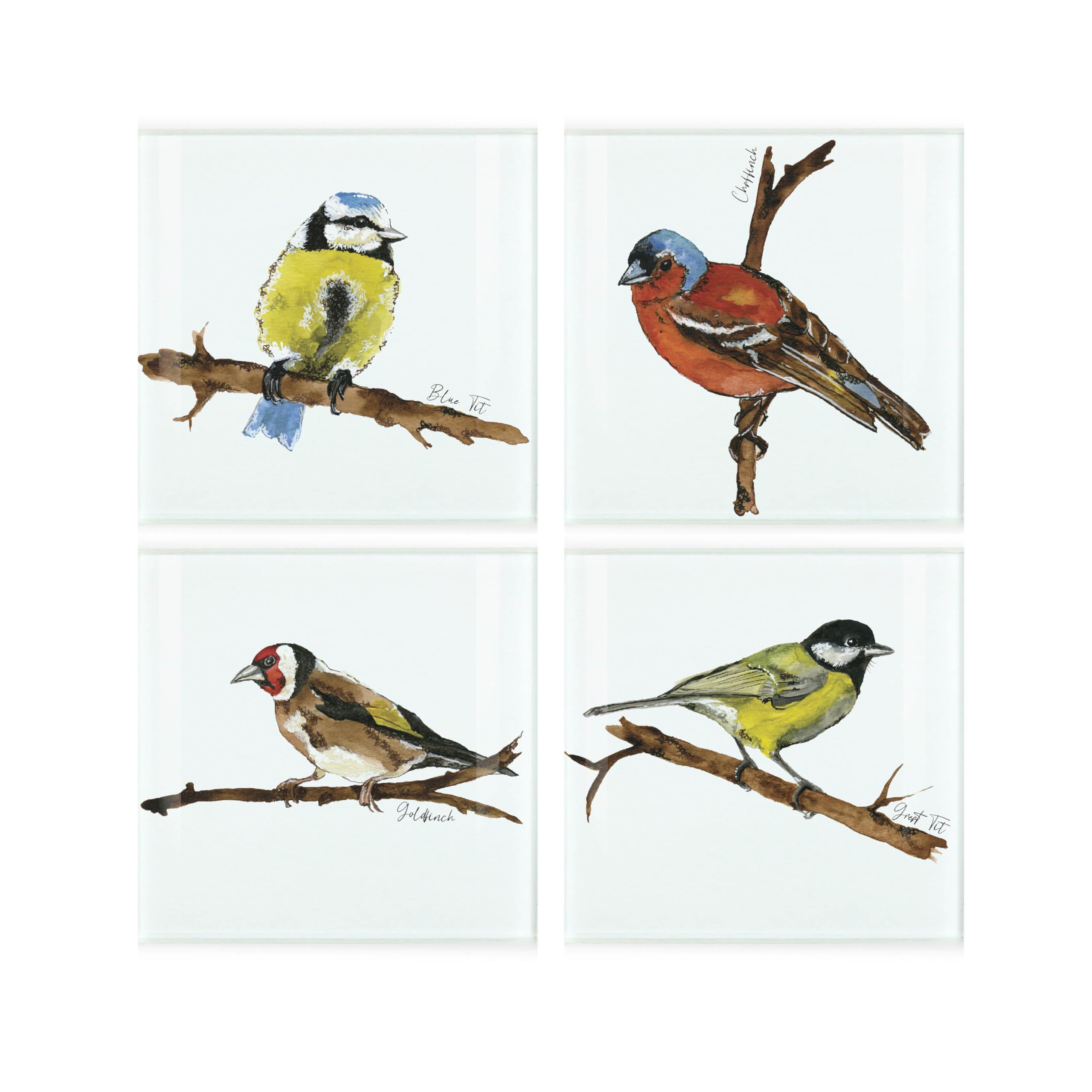 British Birds Glass Coaster Set - Square Painted Garden Birds By Rhiannon Chauncey - Goldfinch, Great Tit, Blue Tit, Chaffinch - Set of Four (4) Coasters