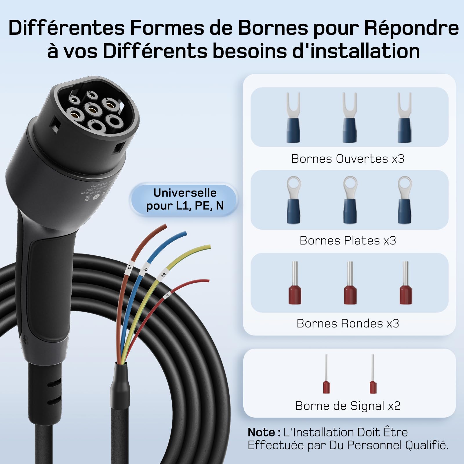 dé Câble de Recharge Type 2 extrémité Ouverte 7kW [1-Phase| 10m| 32A] pour Wallbox/Câble de Remplacement pour Station de Recharge