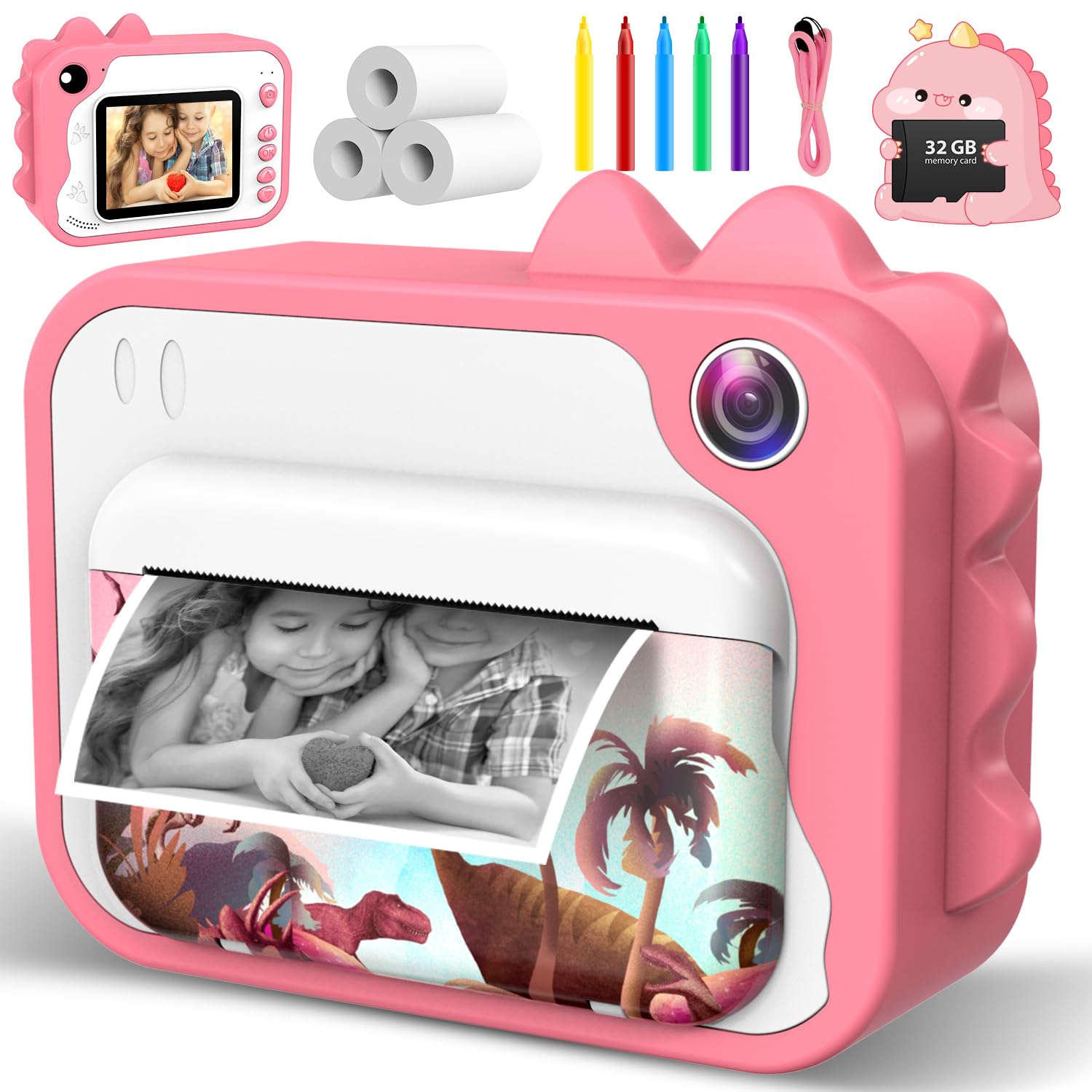 Kids Camera Instant Print 1080p Instant Camera for Kids Aged 3-12 Ink Free Printing Dinosaur Toddler Toy Christmas Birthday Gifts for Boys Girls 3-12 Years Old (Pink)