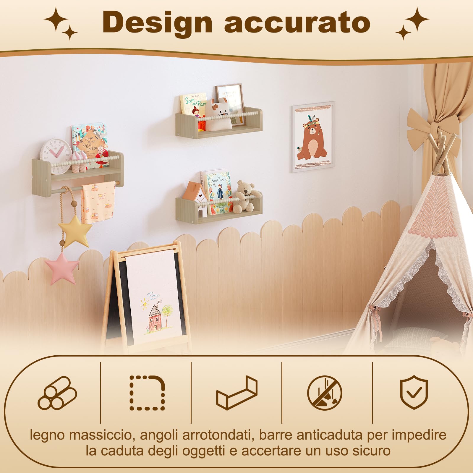 WOLTU Librerie per Bambini da Parete in Legno Massello, 40 cm Set di 3 Porta Libri per Cameretta, Scaffale Libri per Bambini, Librerie da Parete Piccole con Perline