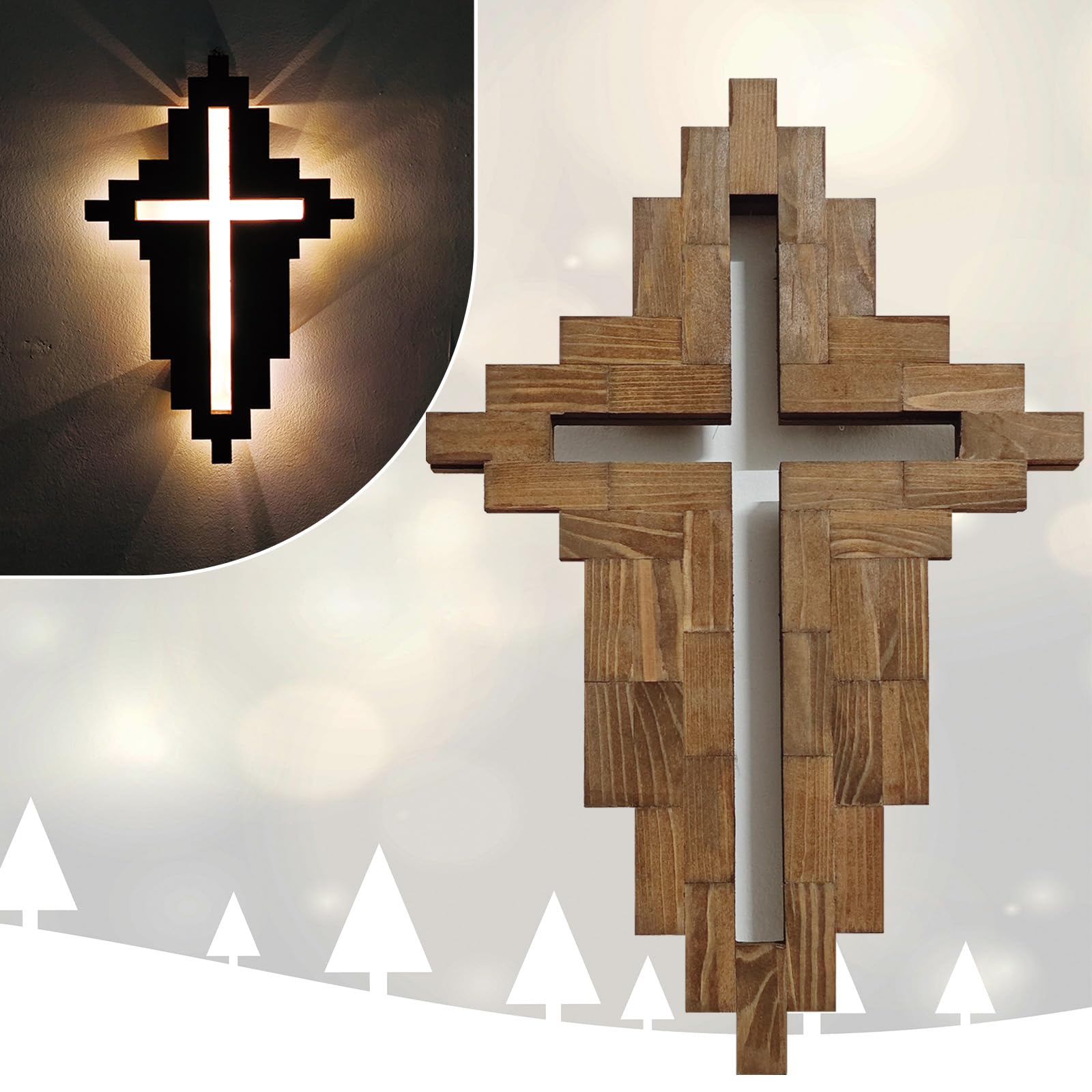 Deborg Wooden Cross for Wall, Handmade Natural Basswood Solid Crosses with Lights & Triangle Hanger, Christmas Light Up Cross Wall Art Decor for Home Livingroom Bedroom Doorway Church Christian Gift