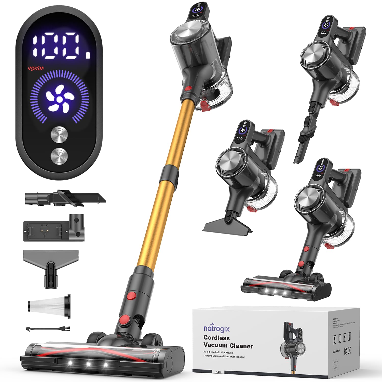 Natrogix Cordless Vacuum Cleaner, 40Kpa Vacuum Cleaners for Home with LED Screen, 40Mins Stick Vacuum Cordless Rechargeable Dock, Handheld Vacuum Cleaner for Pet Hair, Carpet, Hardwood Floor, A40