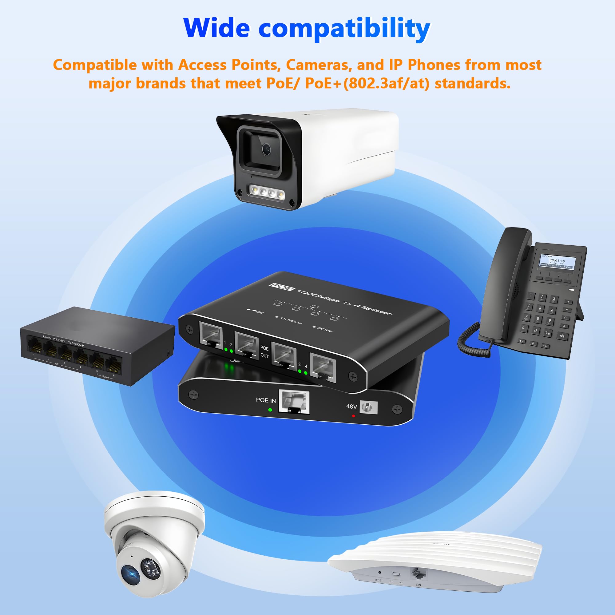 Répartiteur PoE 1 entrée 4 sorties, commutateur PoE Gigabit 4 ports, conforme à la norme IEEE 802.3at/af, hub d'alimentation par port 30 W par port pour caméras IP/téléphones APVoIP (100 m