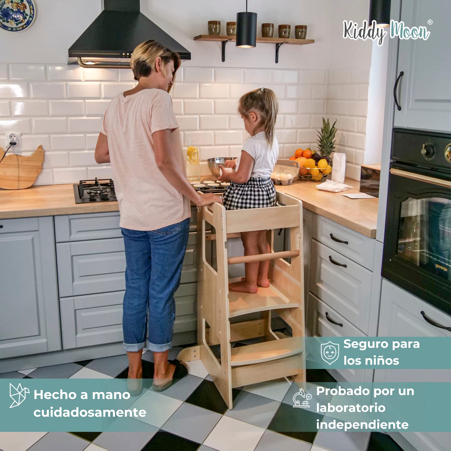 KiddyMoon Torre De Aprendizaje Montessori para Niños, Altura Ajustable (3 Niveles), Antivuelco, Barra De Seguridad, Natural