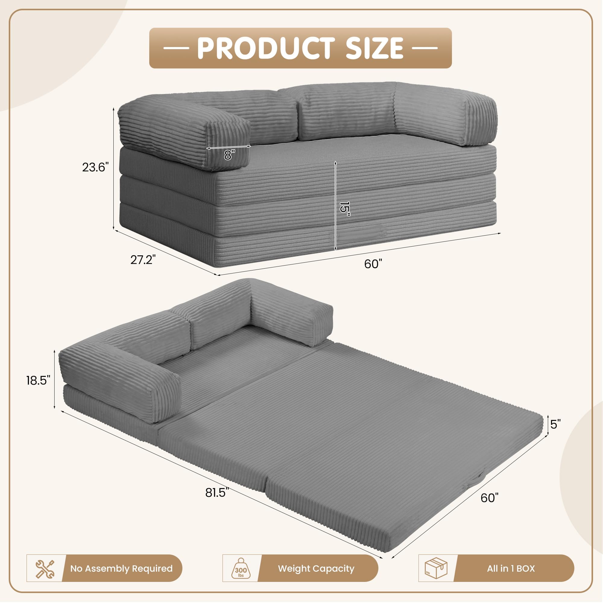 5-in-1 Convertible Sofa Bed,60" Boneless Couch Tri Folding Floor Mattress with Removable L-Shaped Armrests & Handle,Corduroy Futon Couch Sleeper with Pull Out Bed for Living Room Bedroom Apartment