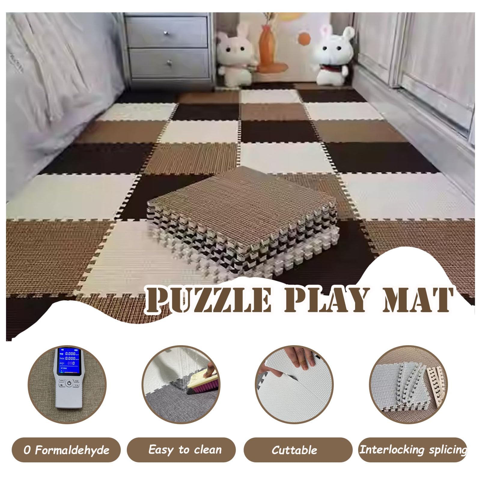 16 sztuk 12x12-calowych, różowo-białych, bawełniano-lnianych, blokowanych kwadratów dywanowych, miękkie płytki piankowe, mata puzzle do salonu, trwałe maty antypoślizgowe