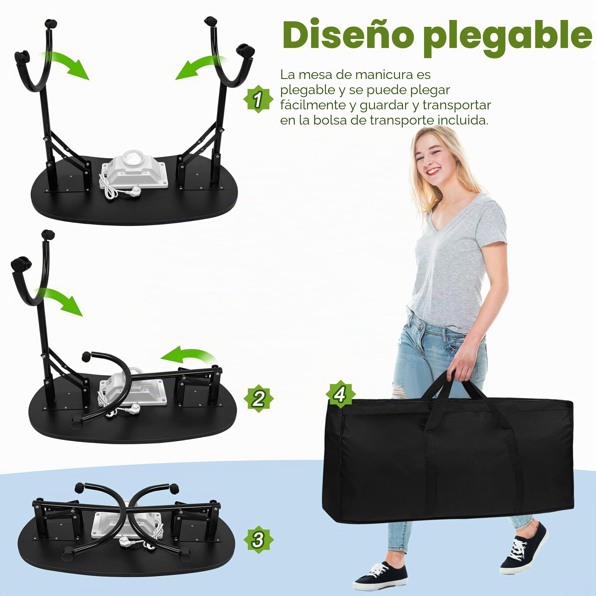UISEBRT Mesa de manicura plegable con aspiración Mesa de uñas portátil Mesa de manicura portátil con ruedas Mesa de manicura móvil, color negro