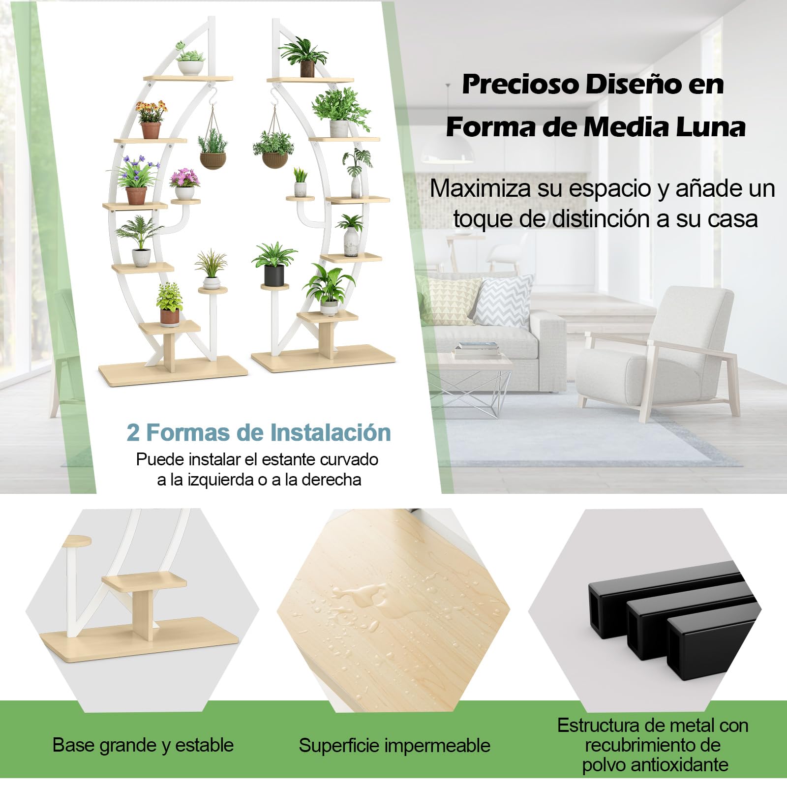 COSTWAY Soporte para Plantas Esquinero de 7 Niveles, Estantería Metálica para Plantas Interior, Forma de Luna con Gancho Superior, Soporte Alto para Macetas, Patio, Jardín, 60x30x155 cm (Blanco,1)