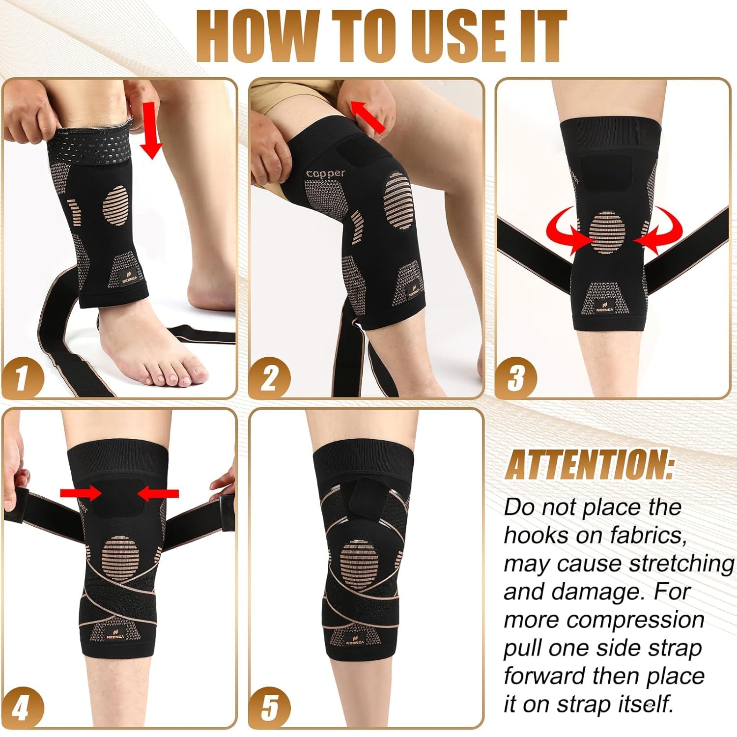 NEENCA Rodillera de Cobre Con Correas,Rodilleras de Compresión para Dolor de Rodilla, Artritis, Ligamento Cruzado Anterior, Desgarro de Menisco, Alivio Del Dolor en Las Articulaciones