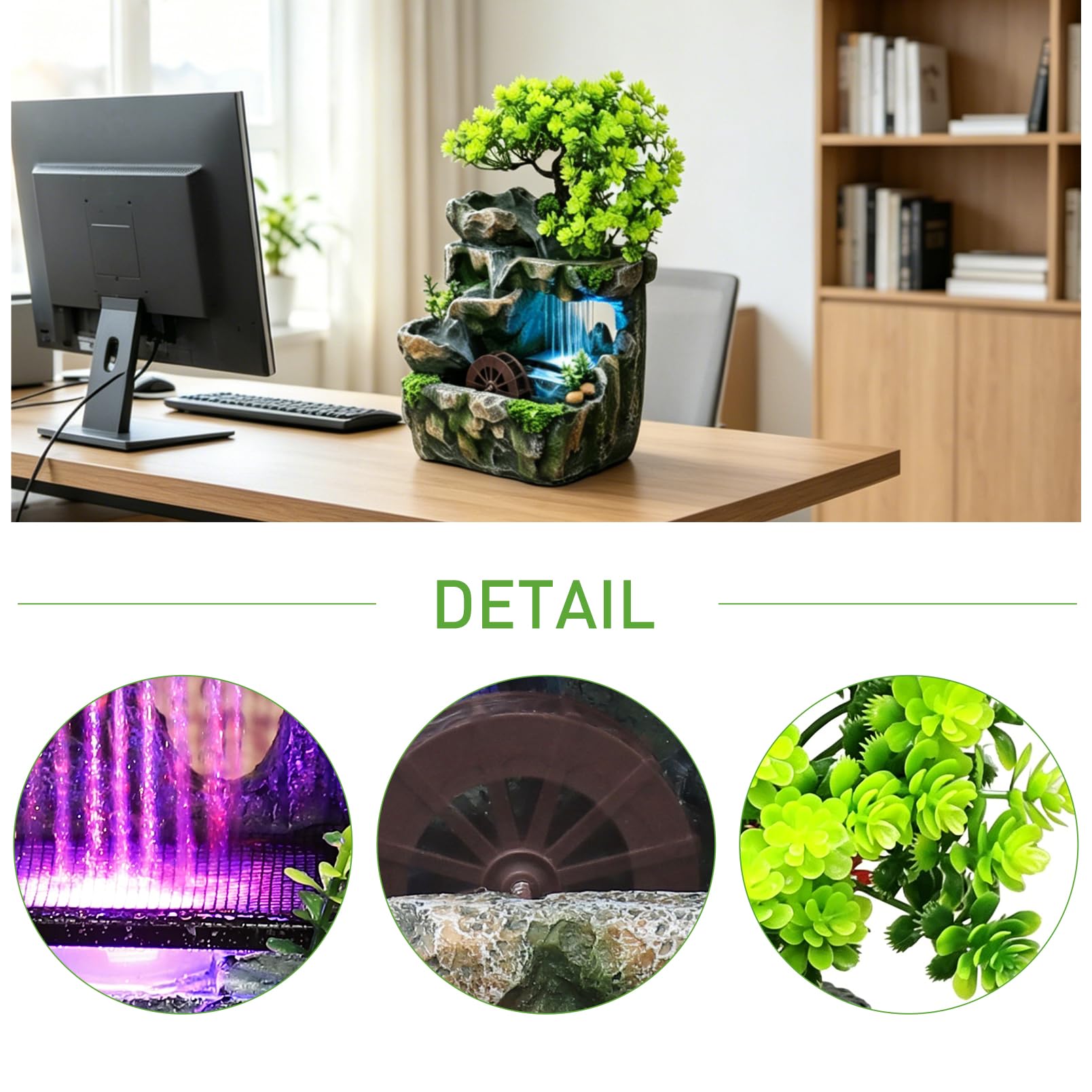 Zimmerbrunnen, Tischbrunnen mit LED Farbwechsel, Wasserfall Zimmerbrunnen mit Feng Shui Rad, Leise Tauchpumpe, Tischbrunnen Deko für Wohnzimmer Büro Schlafzimmer, Luftbefeuchtend 18x15x30 cm