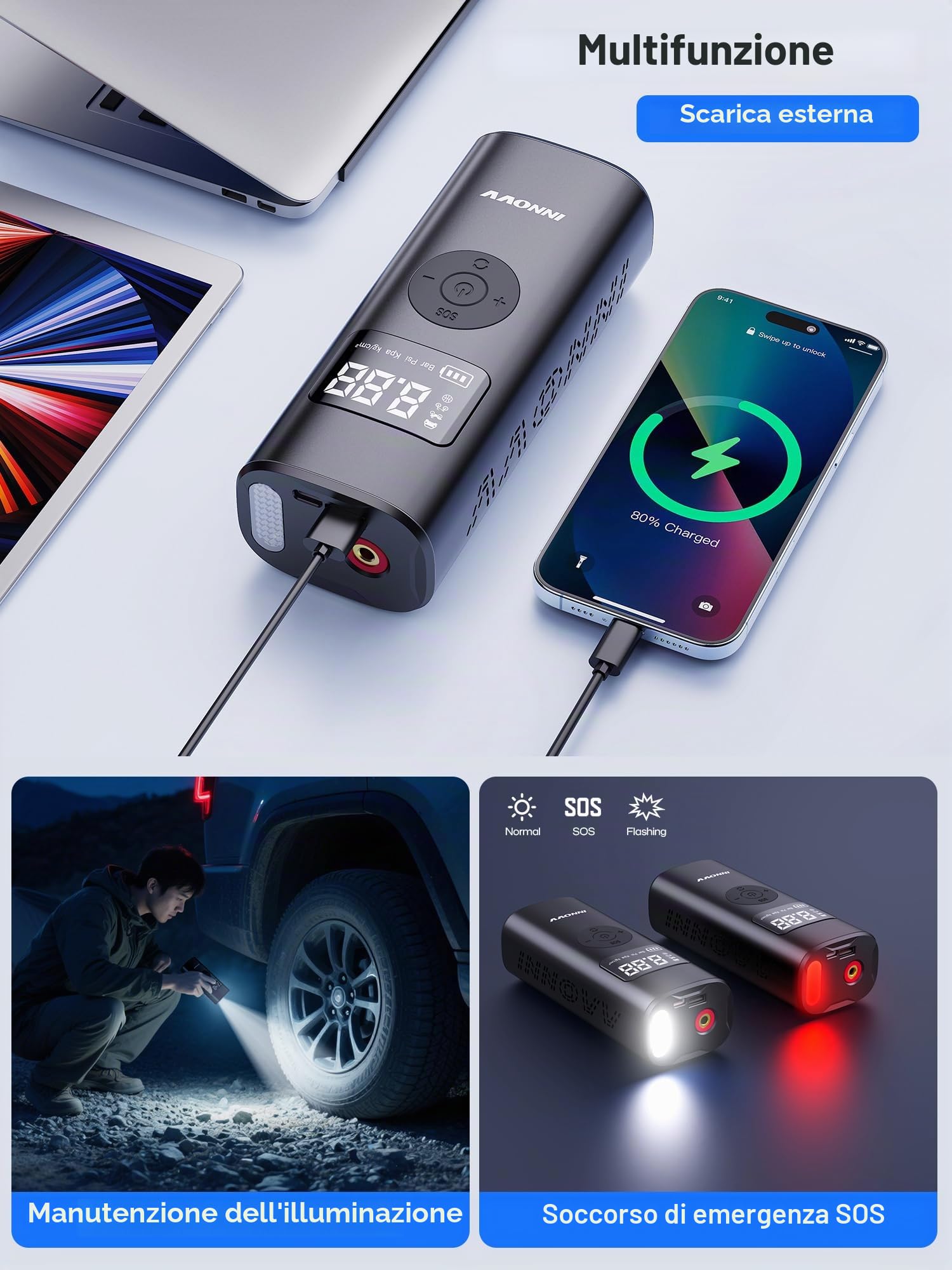 INNOVV Pompa ad aria elettrica P1, pompa elettrica portatile per bicicletta, con indicatore digitale della pressione dei pneumatici e illuminazione di emergenza, 150 PSI ricaricabile, per auto