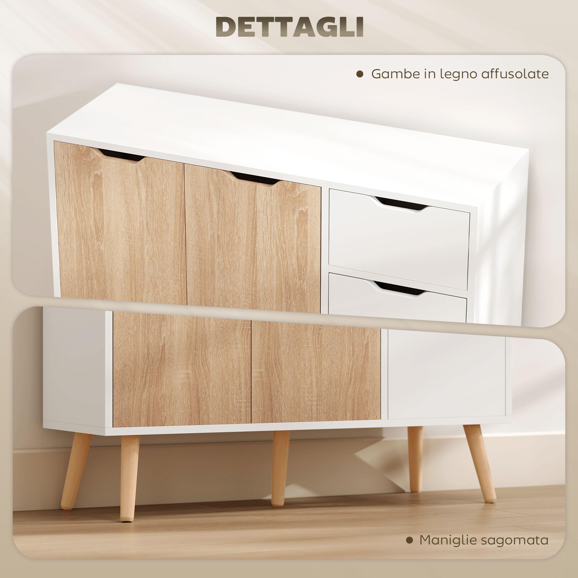 HOMCOM Mobiletto Multiuso con Cassetto e Armadietti, Credenza Stile Nordico in Legno per Camera, Soggiorno, Studio, 90x30x72 cm, Bianco e Color Legno