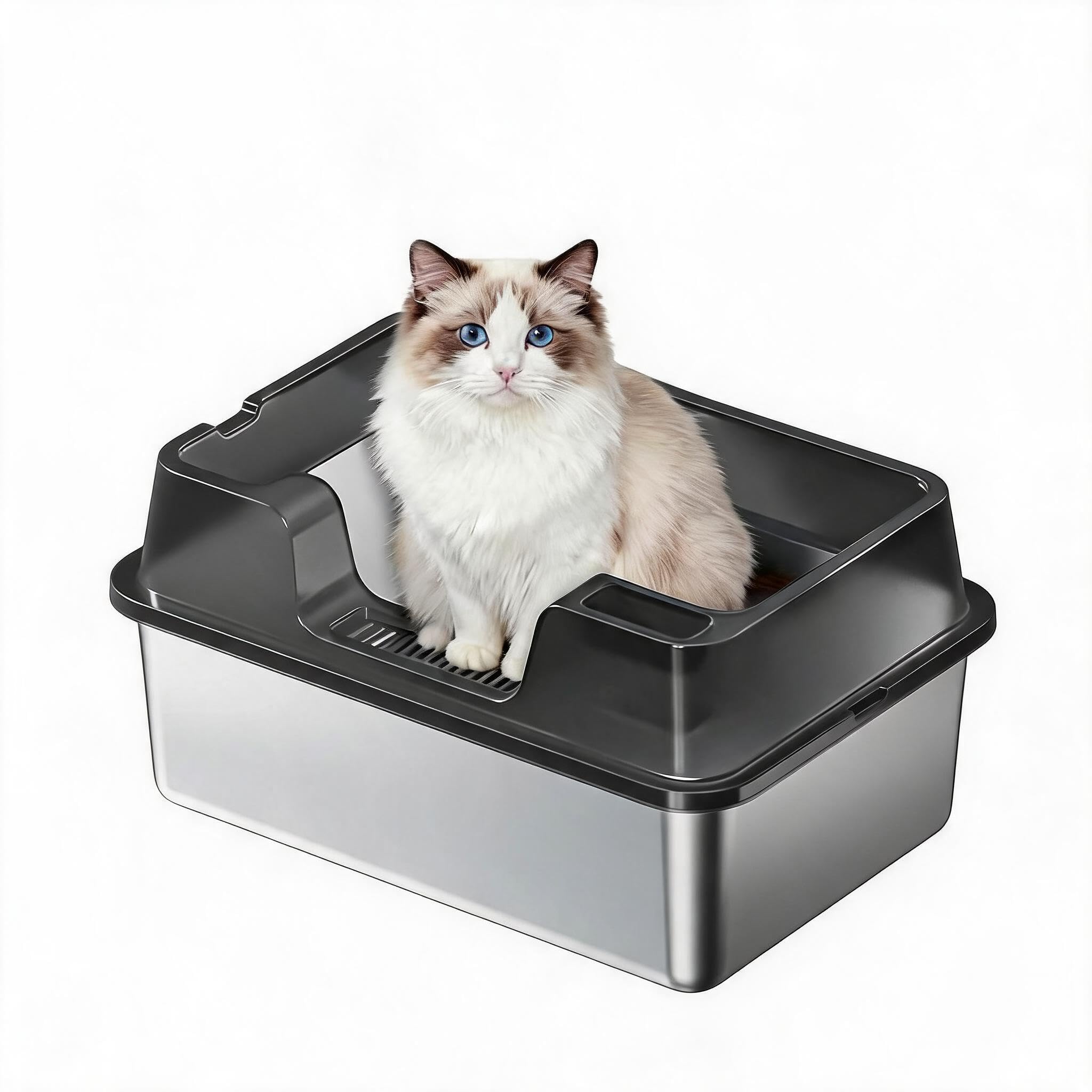 Extra Large Stainless Steel Cat Litter Box – High Sided, Non-Stick, Leak-Proof, Odor Resistant Tray, Non-Slip, Easy Clean for Multiple or Large Cats & Rabbits – Indoor Use – Black, 50×35×27CM