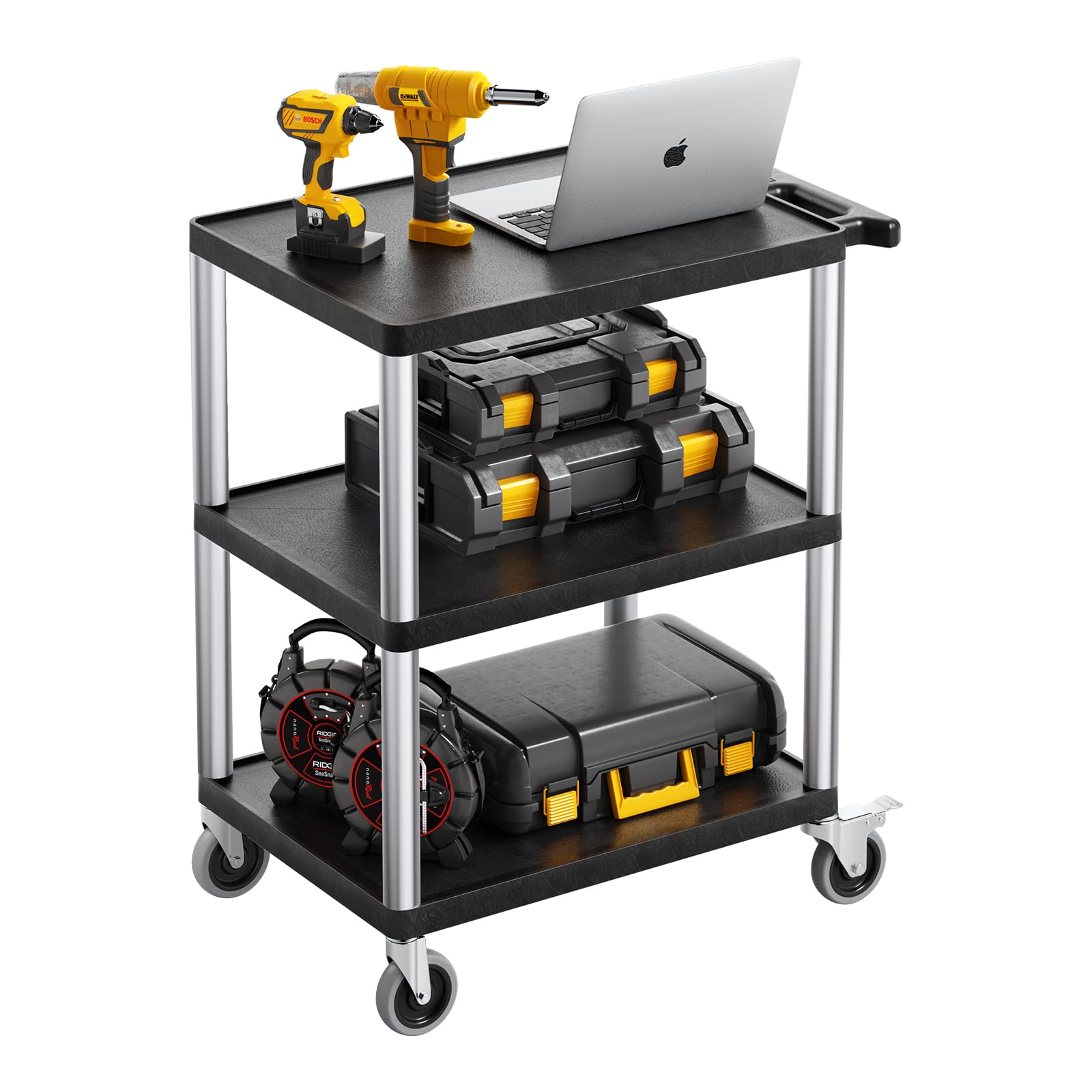VEVOR Carro Multiusos, Carro de Servicio de Plástico Resistente de 3 Estantes 695 x 460 x 825 mm con Ruedas Giratorias de 360° (2 con Frenos), Carga de 136 kg, para Almacén, Garaje, Negro