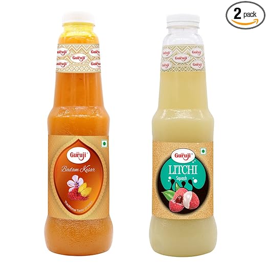 Shree Guruji Badam Kesar Dry Fruit Sharbat & Litchi Squash Combo Pack Milk Beverage Refreshing for Summer Syrup Instant Drink (1 Litre)