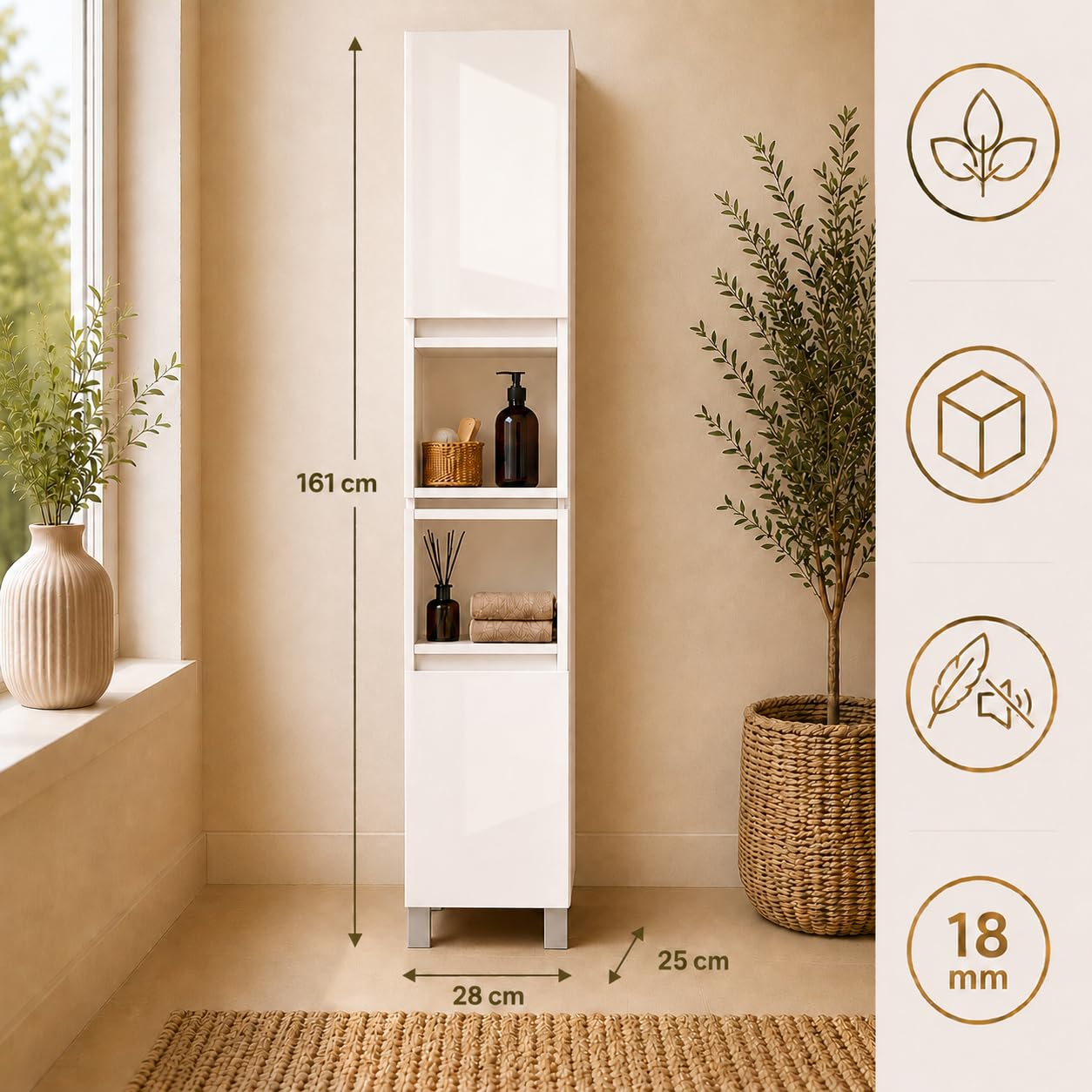 Badezimmerschrank Stehend Ariza, Hochglanz Weiß, MDF 18 mm, Soft-Close Türen, 6 Regale, 161 x 28 x 25 cm, Midischrank, Gäste WC & Bad für Kosmetik, Hängend, Links rechts