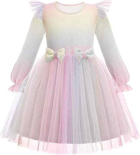 Arshiner Toddler Girls Tulle Dresses with Bow Tie Fall Winter Long Sleeve Formal