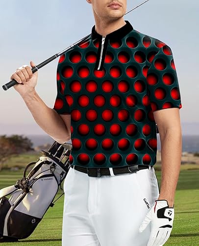 Miniatura 5 de Ecosunny Camisa polo de manga corta para hombre, con cremallera impresa en 3D, informal, ajustada, para golf