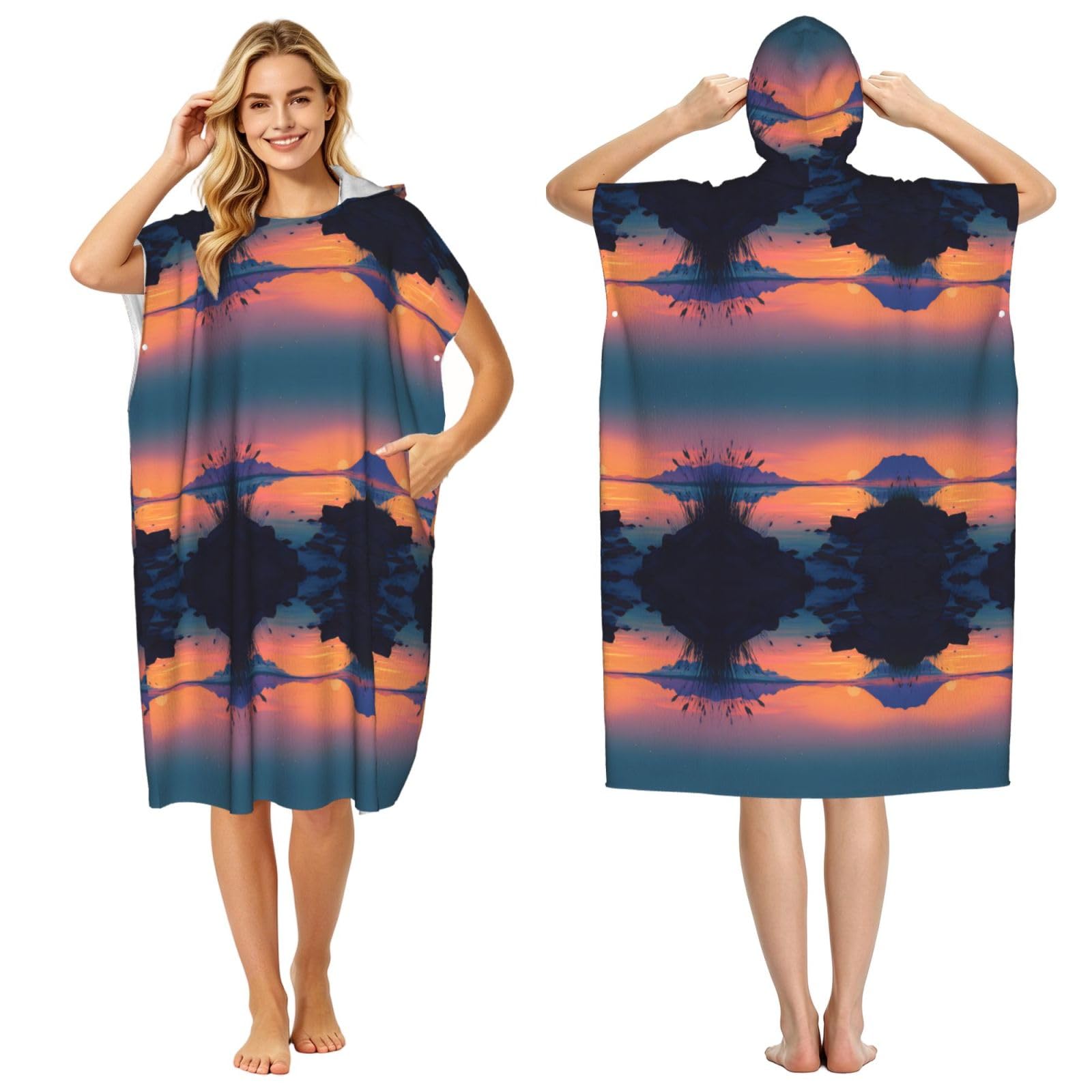 EZDLOWVBA Sunset Glow Print Hooded Poncho Microfiber Beach Towel,Adult Women & Men Changing Robe,Lightweight Summer Surf Swim Bath Poncho Towel