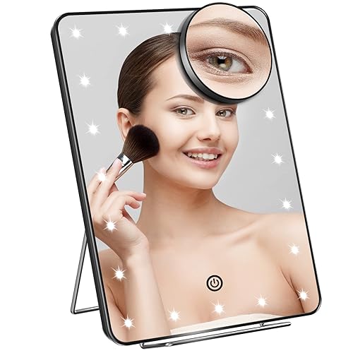 FASCINATE Espejo de maquillaje iluminado con iluminación de 3 colores y espejo de aumento de 10X, espejo de tocador de maquillaje con 60 luces LED y