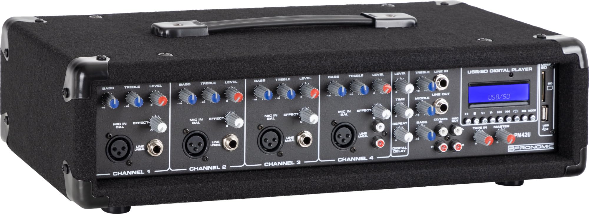 Pronomic PM42U MKII MP3 Powermixer, Entrée jack 6, 35 mm asymétrique | Entrée XLR symétrique pour micros dynamiques, Réglages d’effet et de niveau par canal, Time (140 - 342 ms) et Repeat, 5 x 13