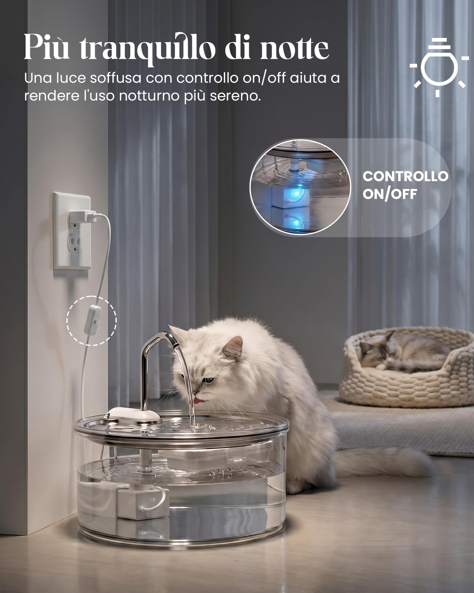 Tomxcute Fontana per Gatti e Cani Piccoli in Vetro 3,2 L, Silenziosa | Controllo facile del livello dell'acqua, design con rubinetto e facile manutenzione