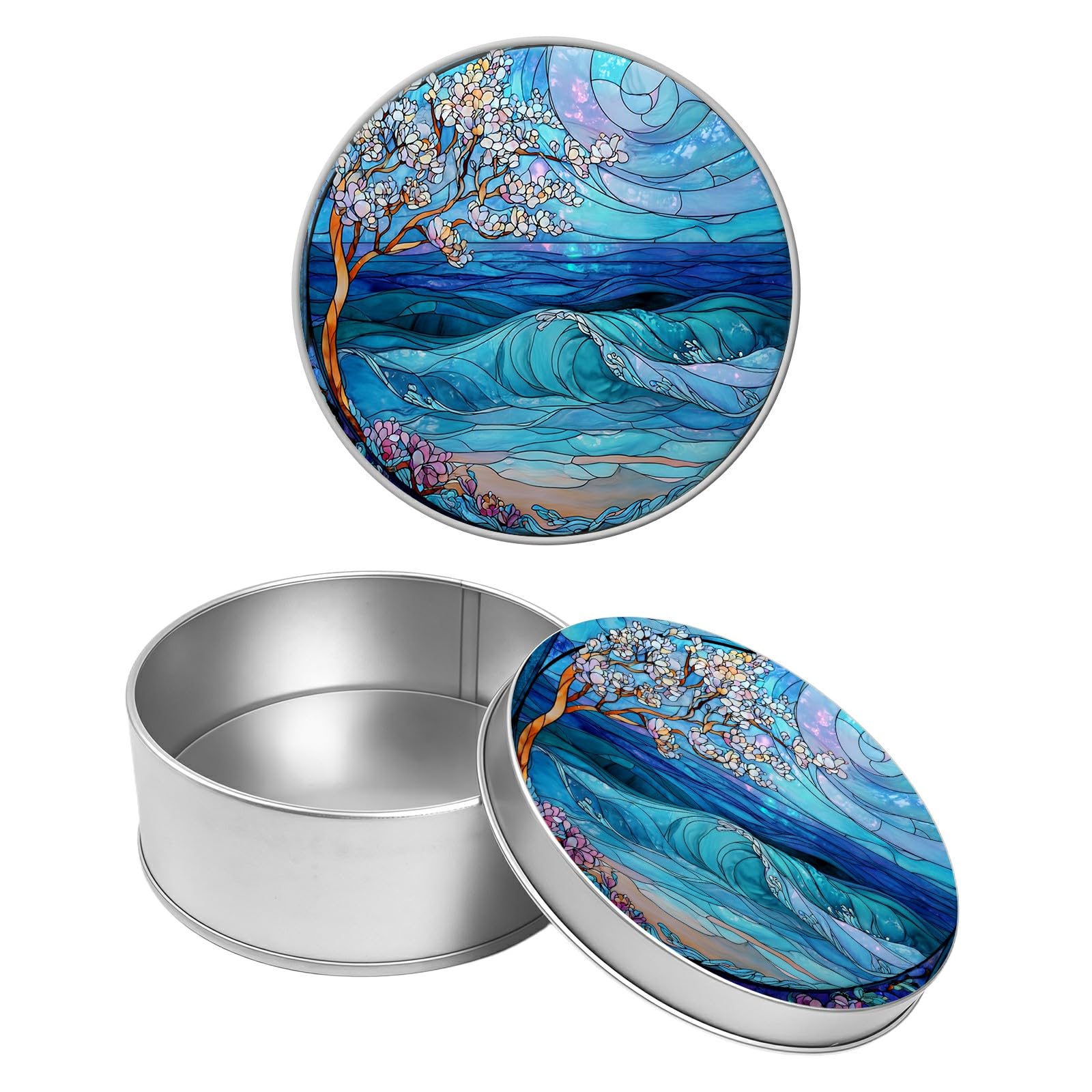 Round Metal Tin Container with Removable Lid, Blue Tree Landscape Durable Metal Storage Box for Crafts Snacks Candies Office Supplies Small Items 3.54 x 1.38 inch– Single Pack