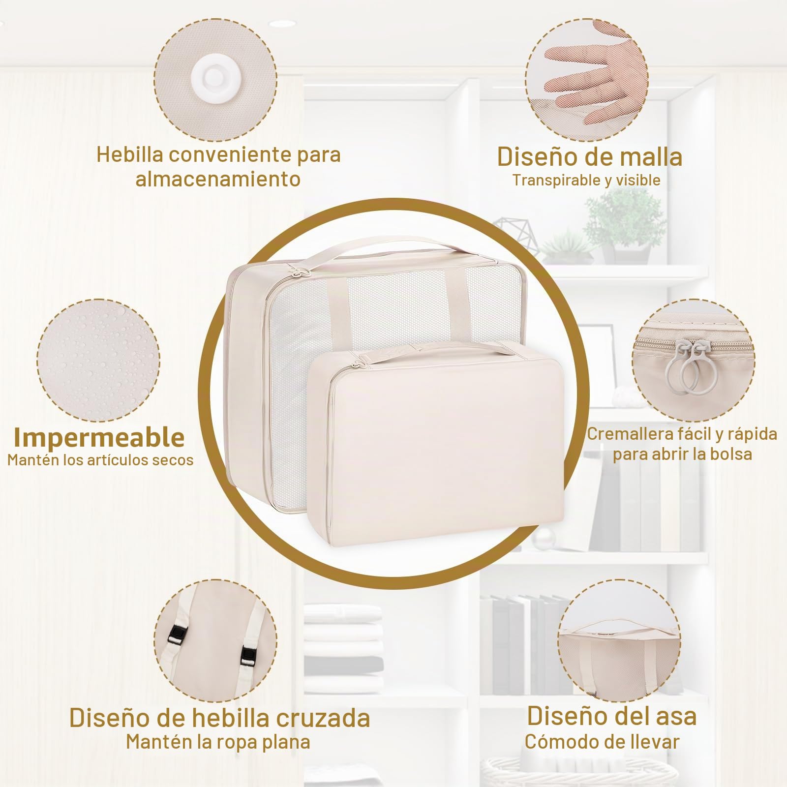 Set de Organizador Maleta de 12 Piezas,Packing Cubes Impermeables,Cubos de Embalaje con Bolsas para Ropa,Bolsa Zapatos,Neceser,etc.|Beige|Ahorro de Espacio para Vacaciones y Viajes de Negocios
