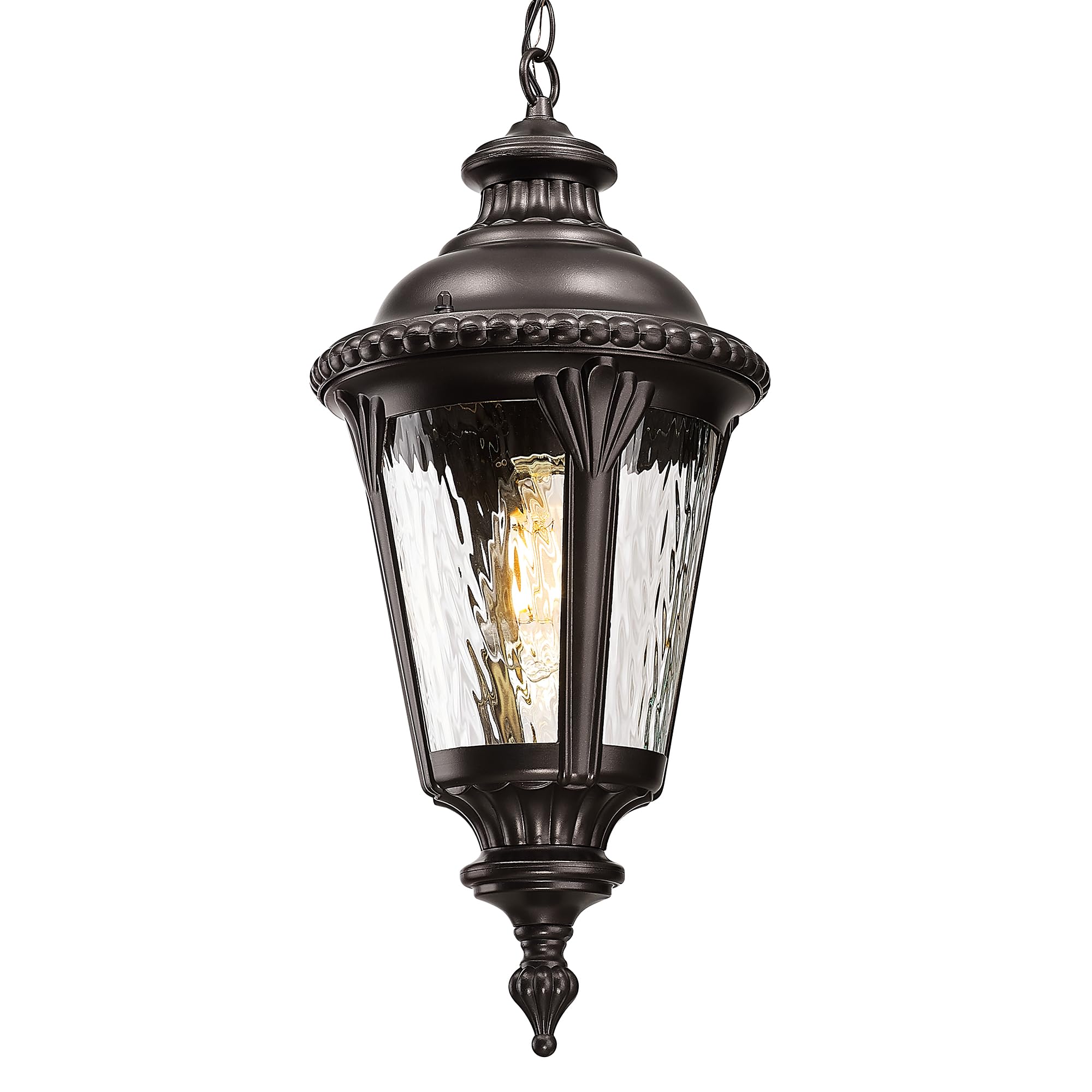Emliviar 21.3" Modern Hanging Porch Light with Adjustable Chain, Water Ripple Glass Outside Hanging Lighting in Oil Rubbed Bronze Finish, XE265H-M ORB-SW