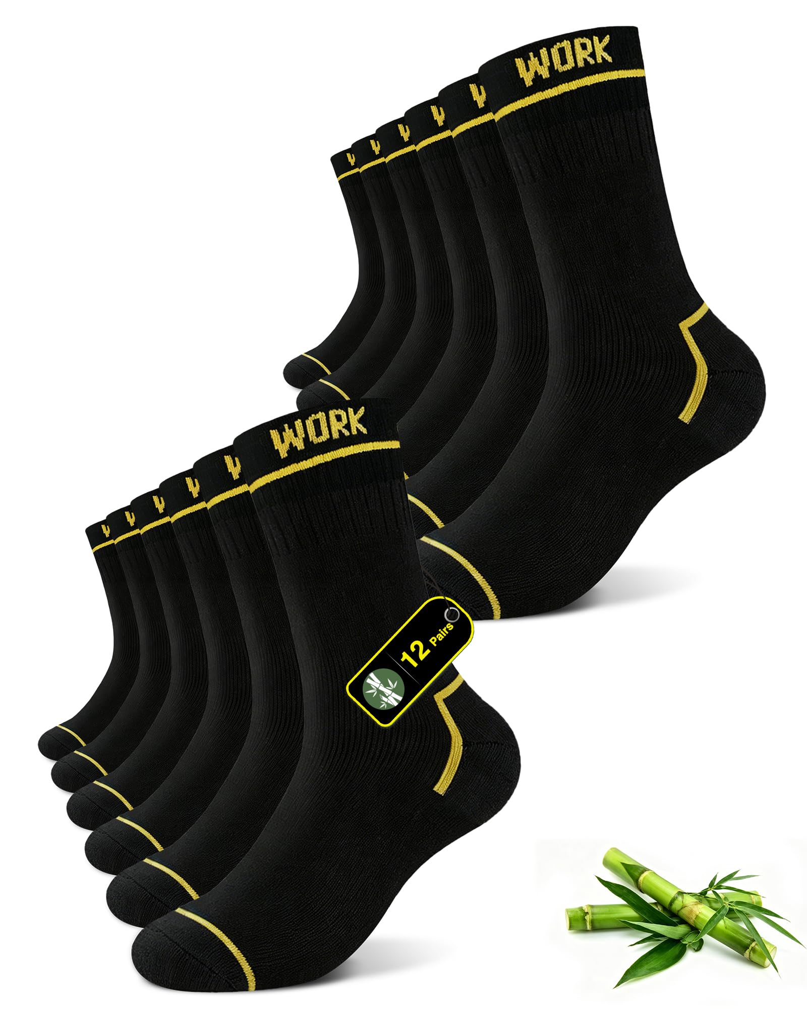 FALARY Bambù Calze da Lavoro Uomo (6 Paia) Calzini Spugna Neri Work Socks | 80% Bambù Fibre, Traspirante, Antibatterico, Adatto ai Lavoratori Manuali, Rinforzate Tallone e Punta, Durevole e Resistente